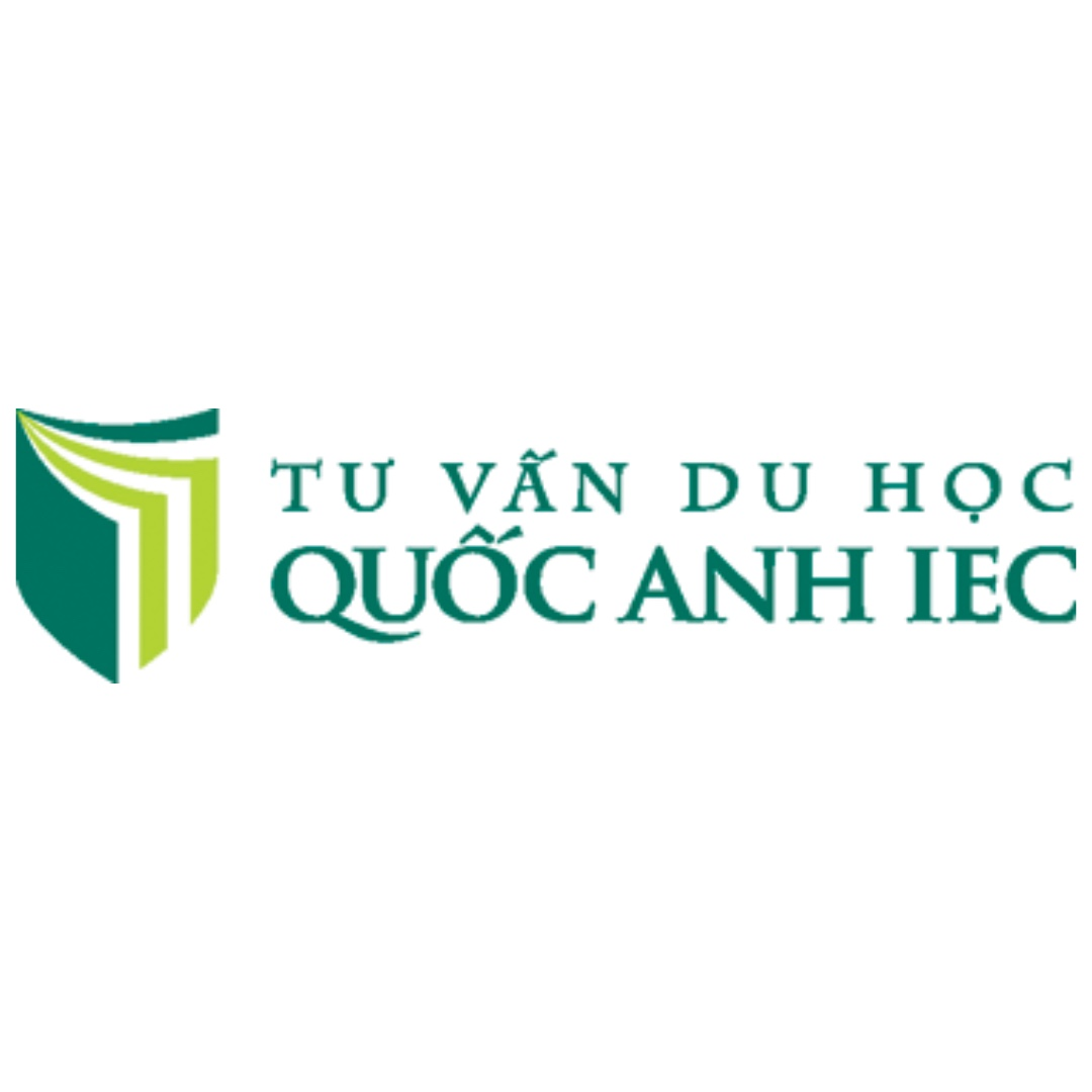 Logo with a stylized green shield and Vietnamese text: "Tư Vấn Du Học Quốc Anh IEC" in green.
