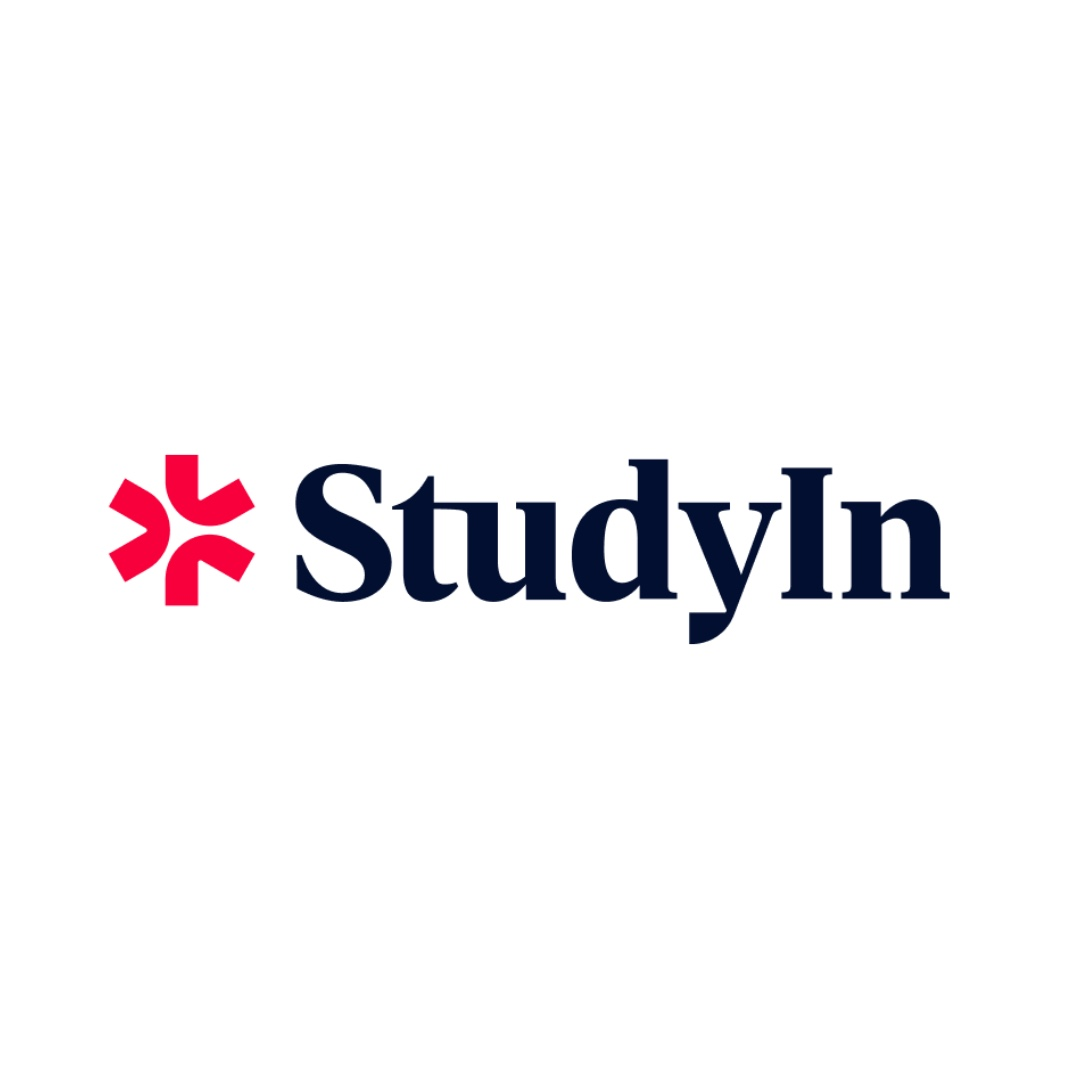 Logo of "StudyIn" with a red abstract symbol on the left and bold black text on a white background.
