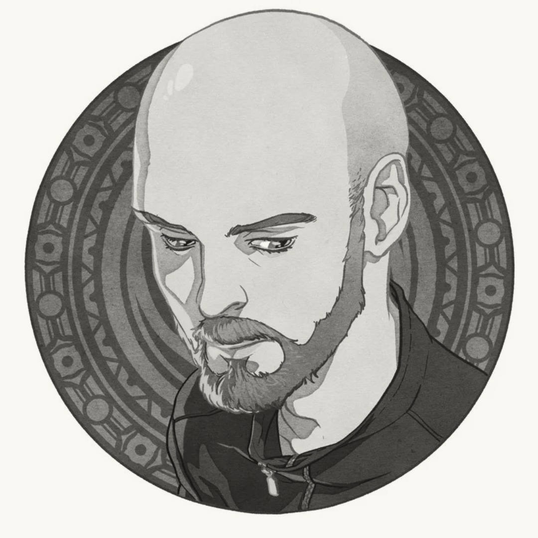 Comic art drawing in the style of a headshot of Paul Duffield.