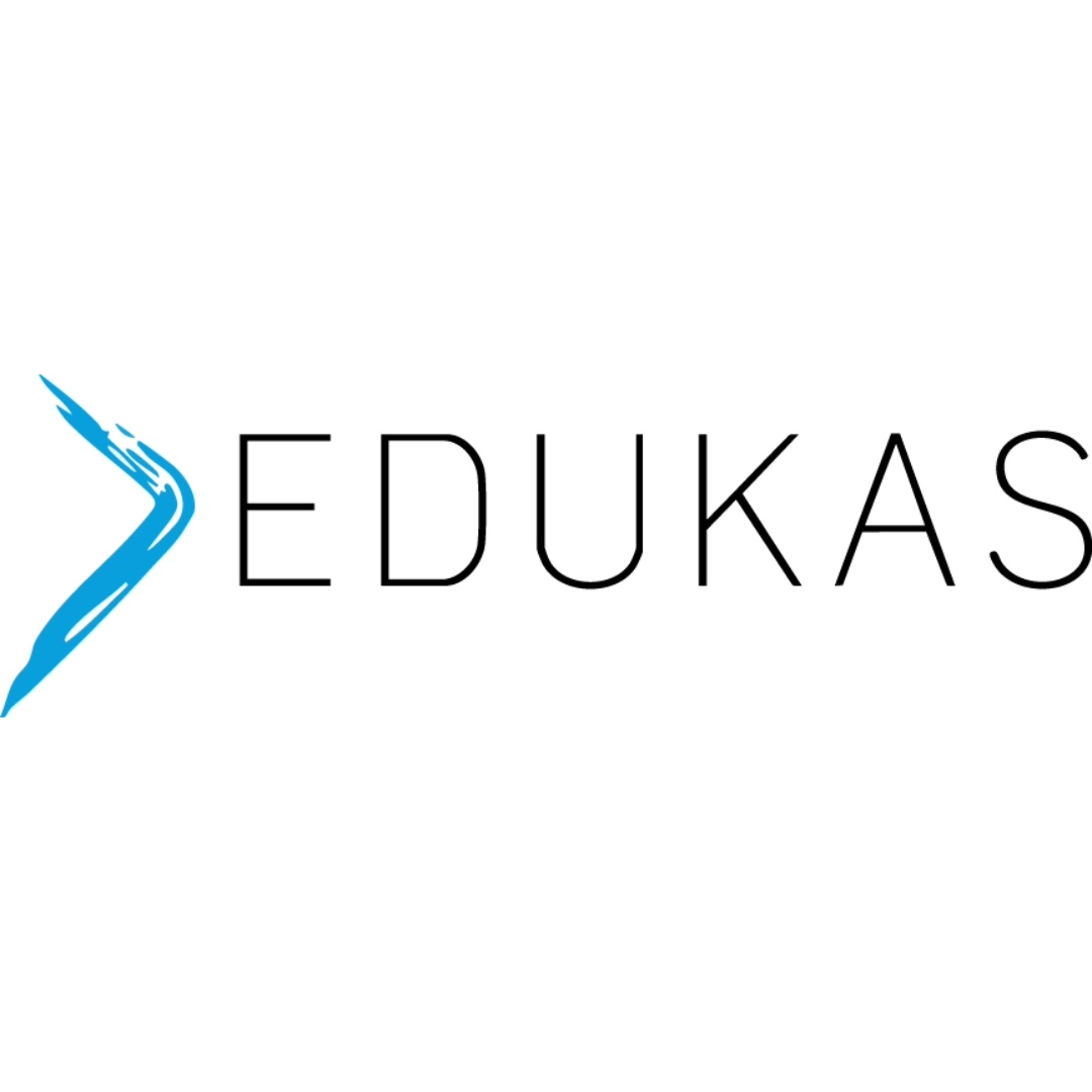 Logo with the word "EDUKAS" in black text, featuring a stylized blue brushstroke arrow pointing left before the text.