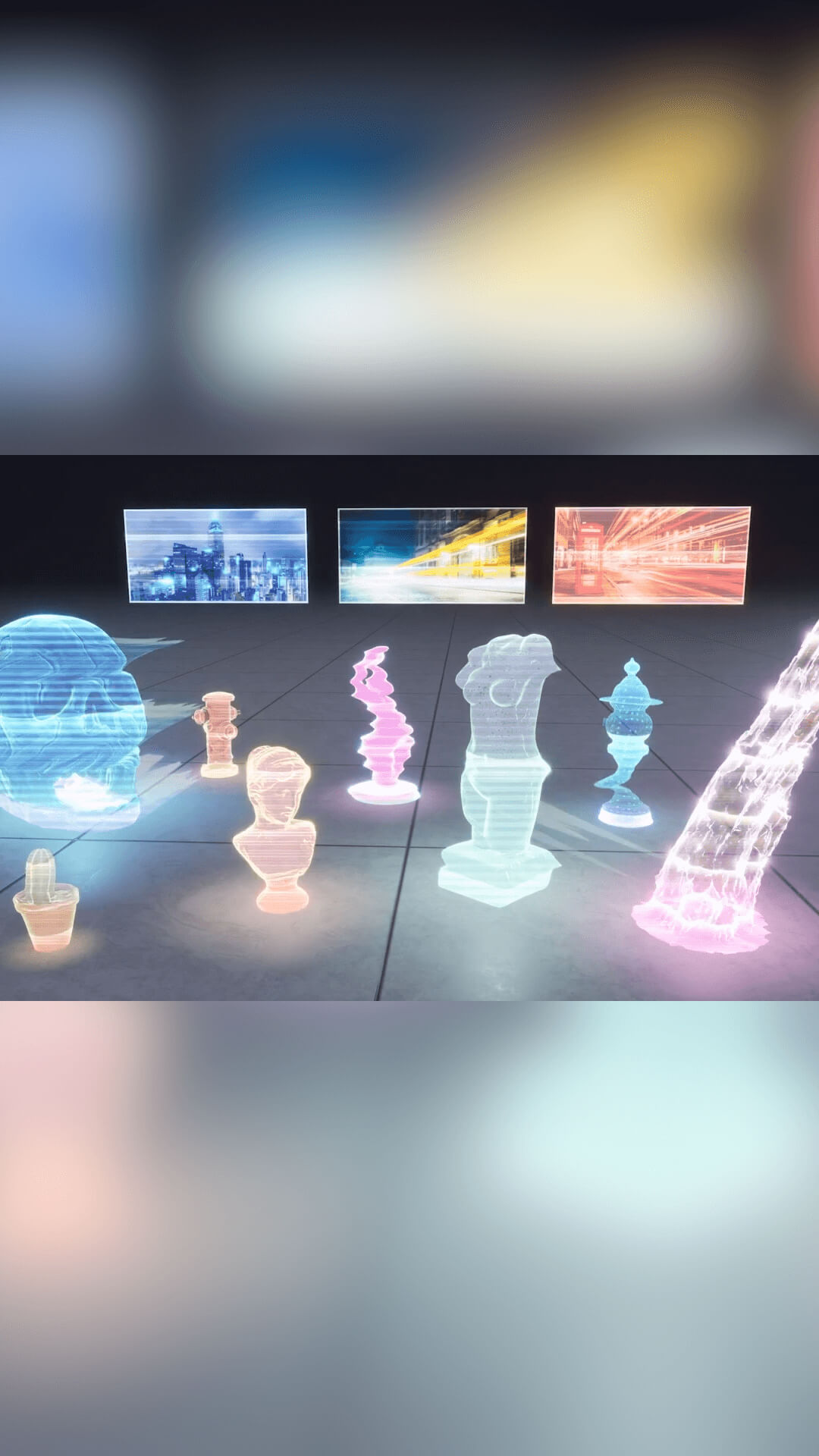Neon holograms on a grey tiled floor