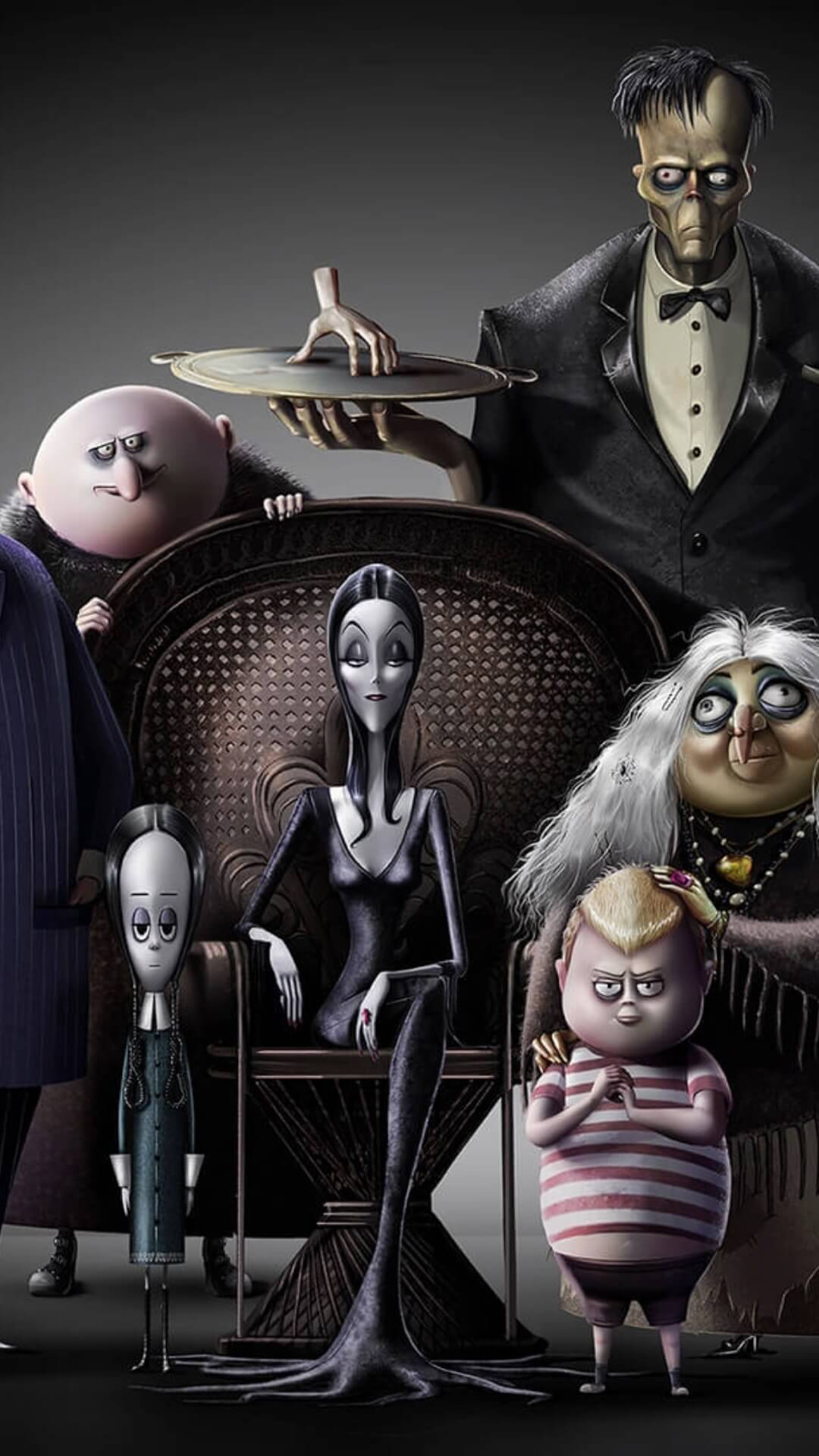 Family portrait of cartoon characters from The Addams Family