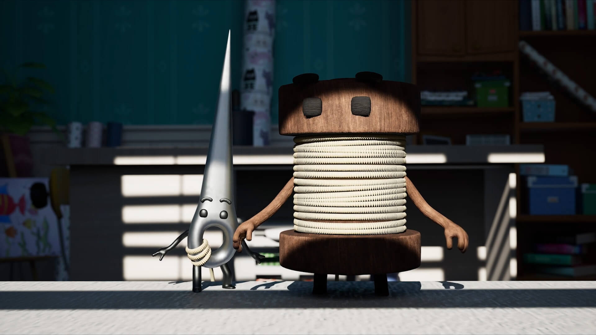 An animated 3D needle and thread holding hands