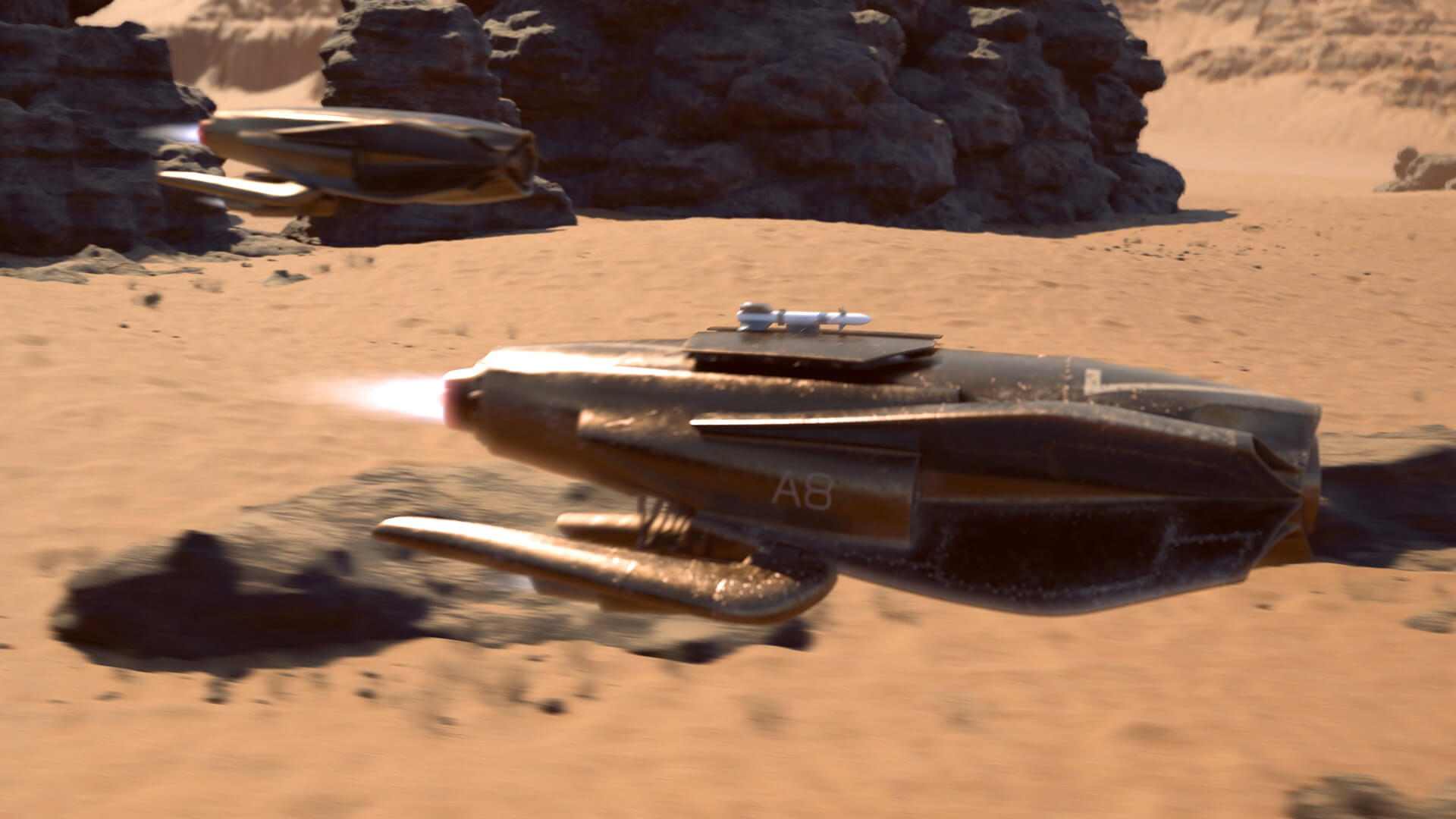 Two spaceships travelling through a dessert
