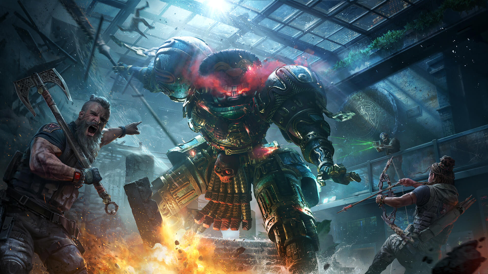 Concept art of two warriors fighting a giant metal monster