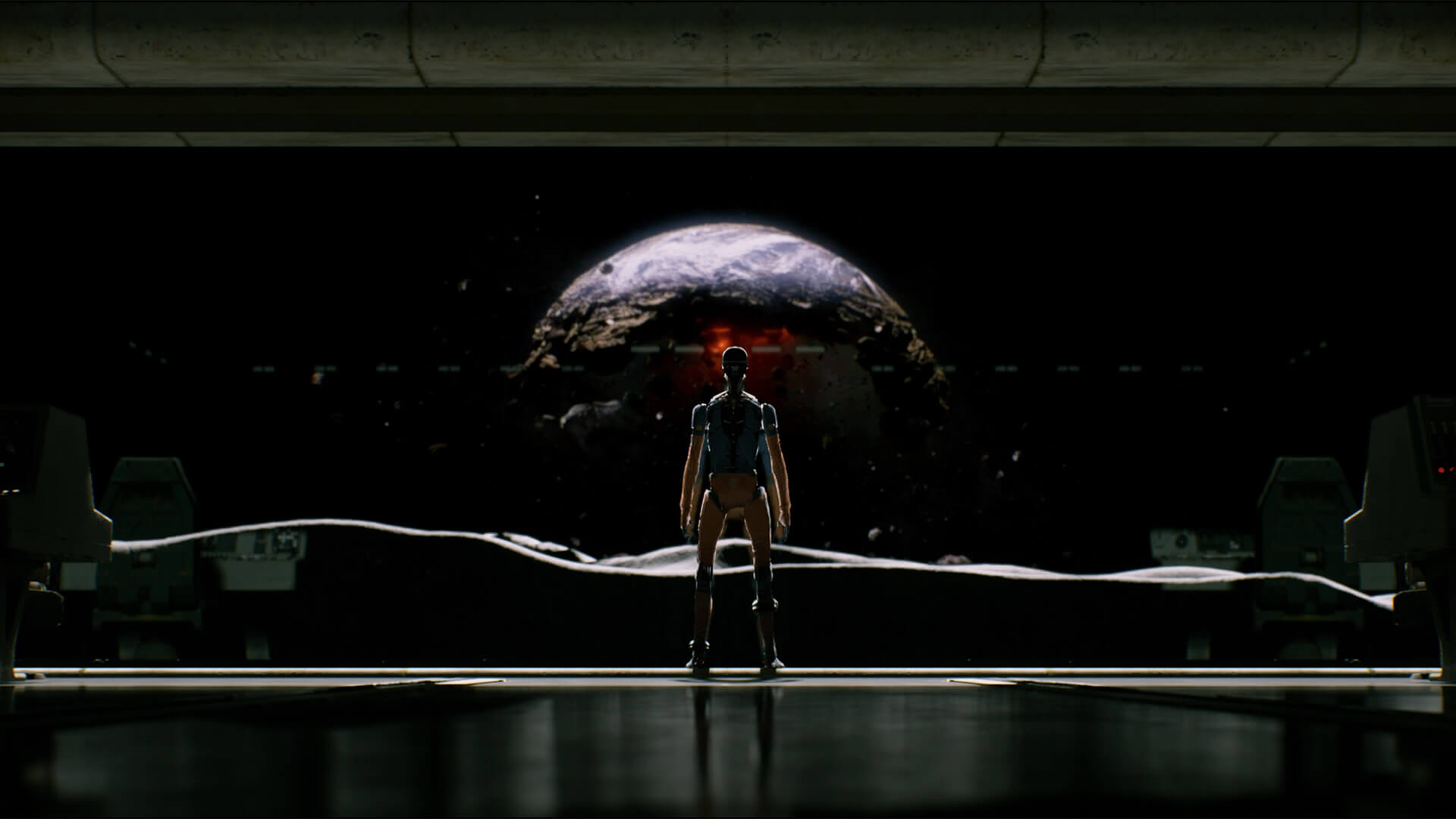 A robot looking out into space behind a large glass window