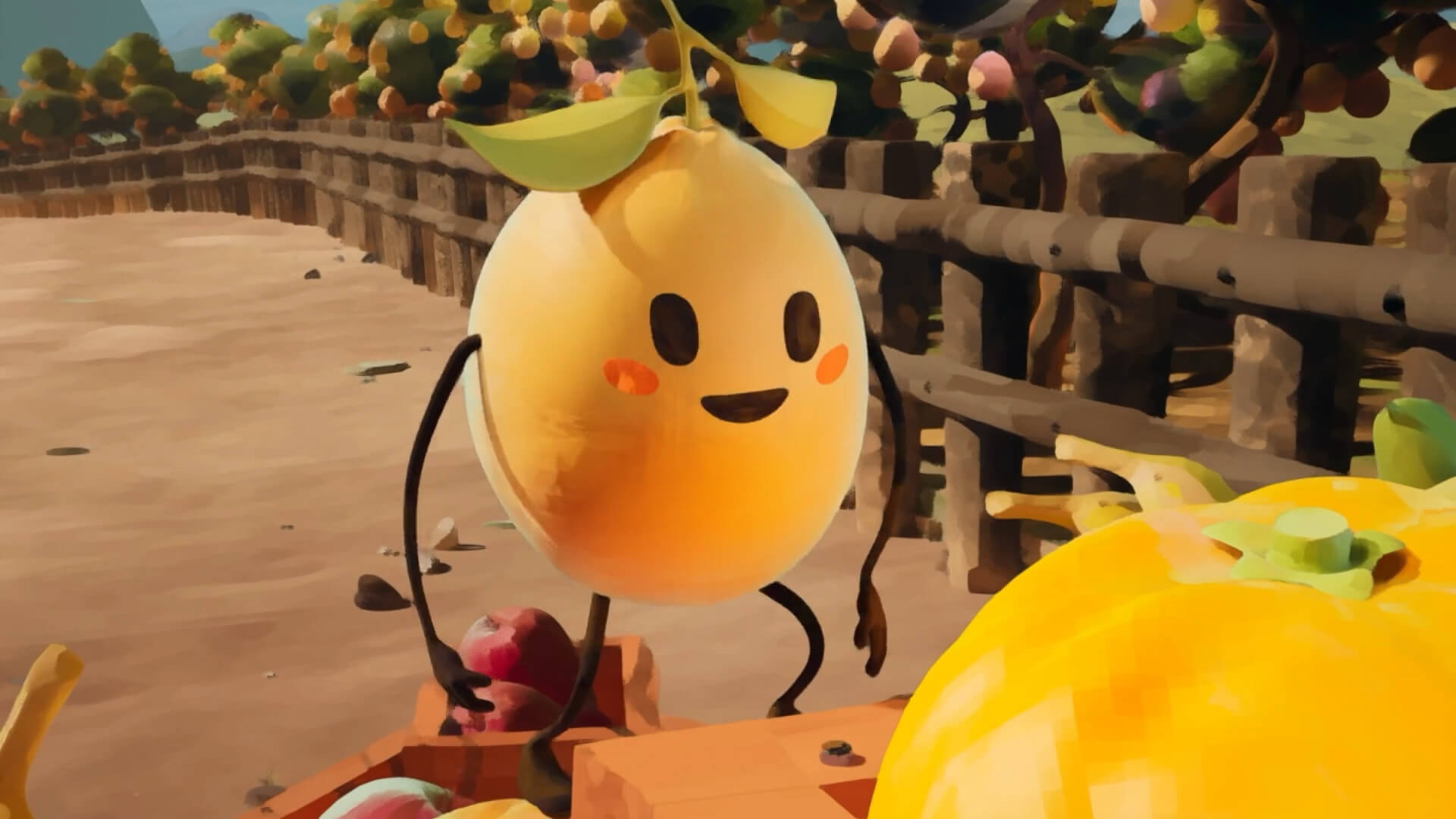 A happy animated lemon character climbing up fruit crates in a sunny orchard