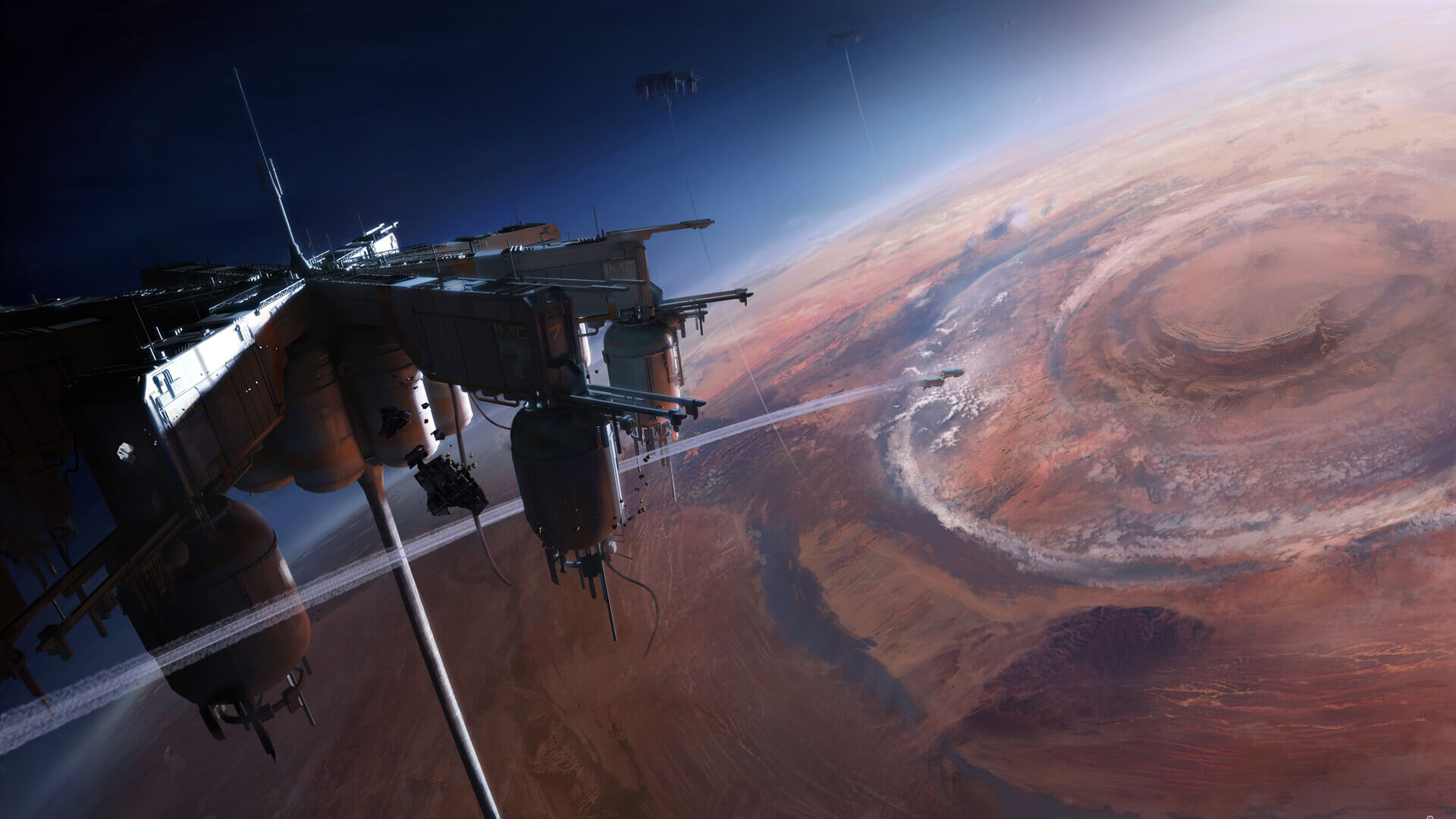 Spaceship above an orange planet