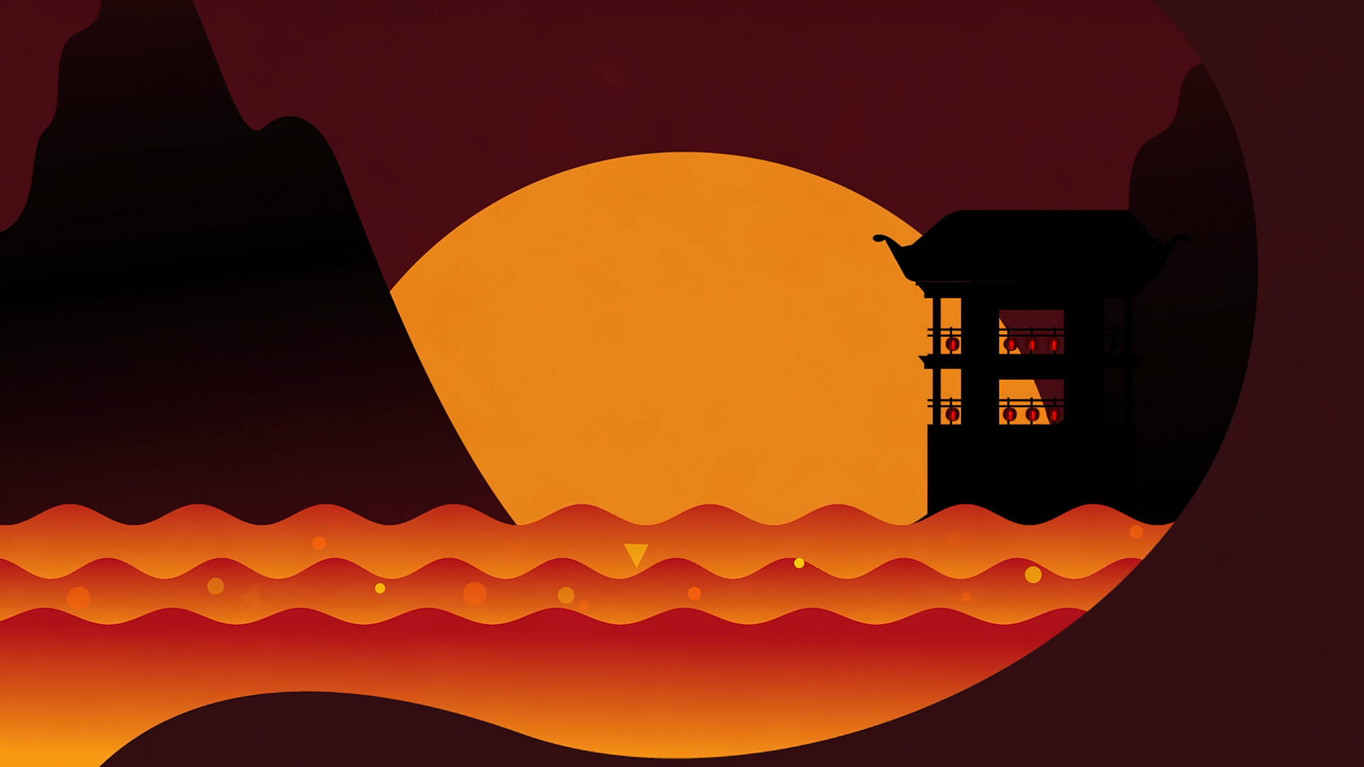 A silhouette of a oriental building against a golden sun and red sea