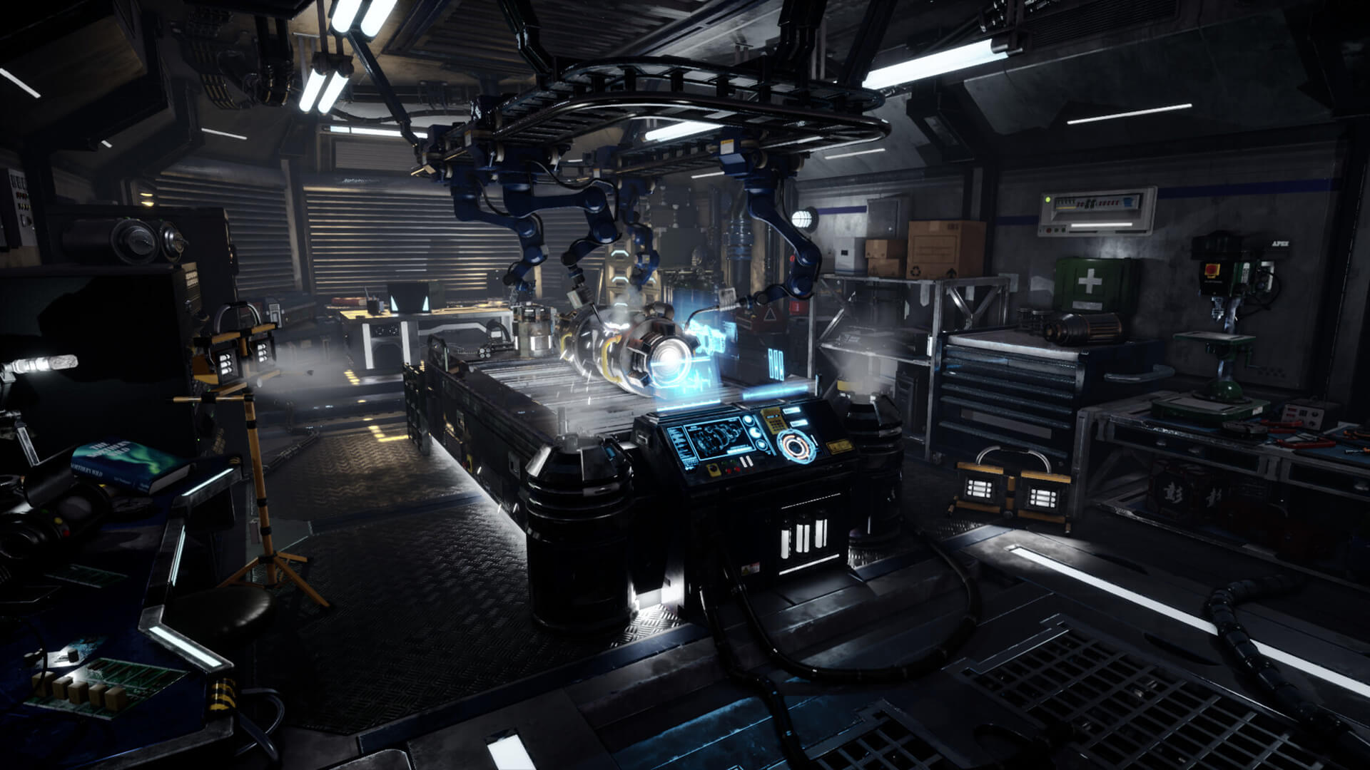 A repair bay in a spaceship