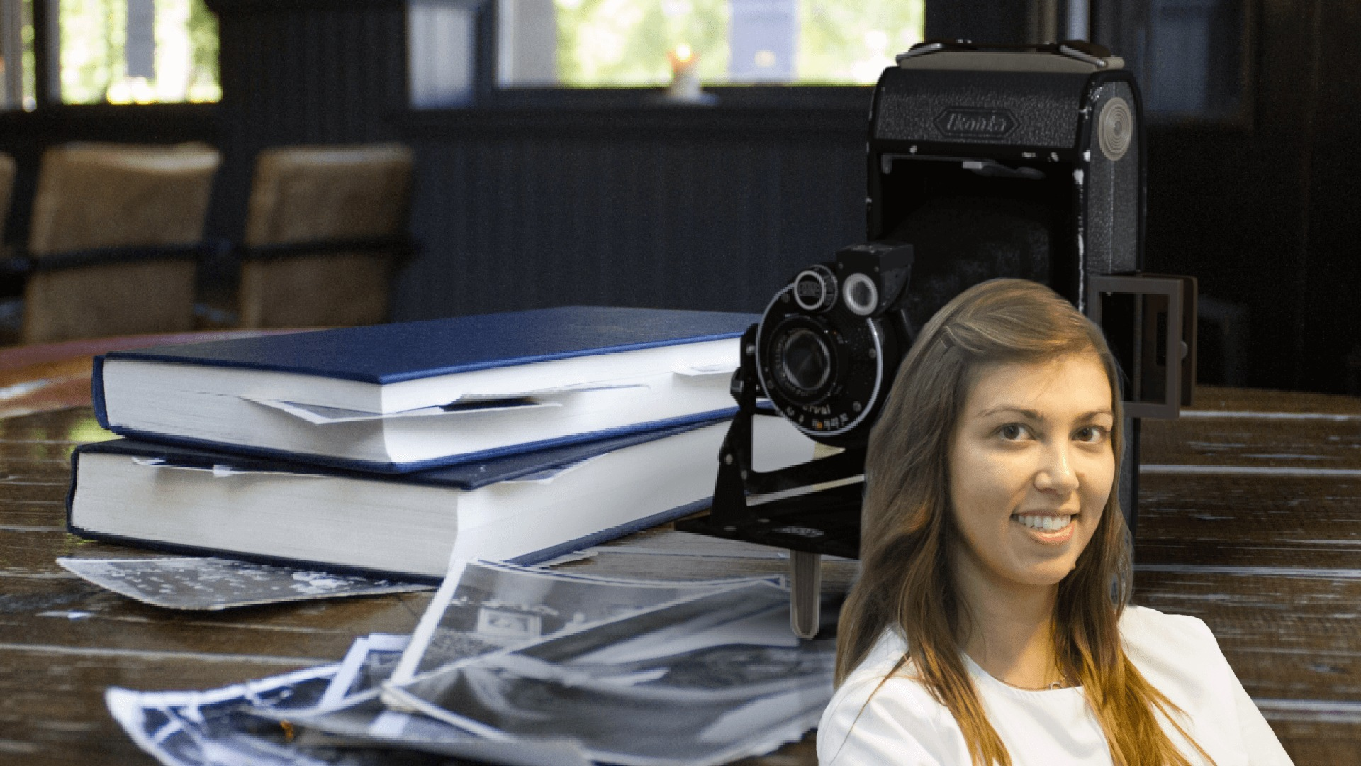 Headshot of alumna Sofia Caldeira over a 3D image of camera and books on a wooden table