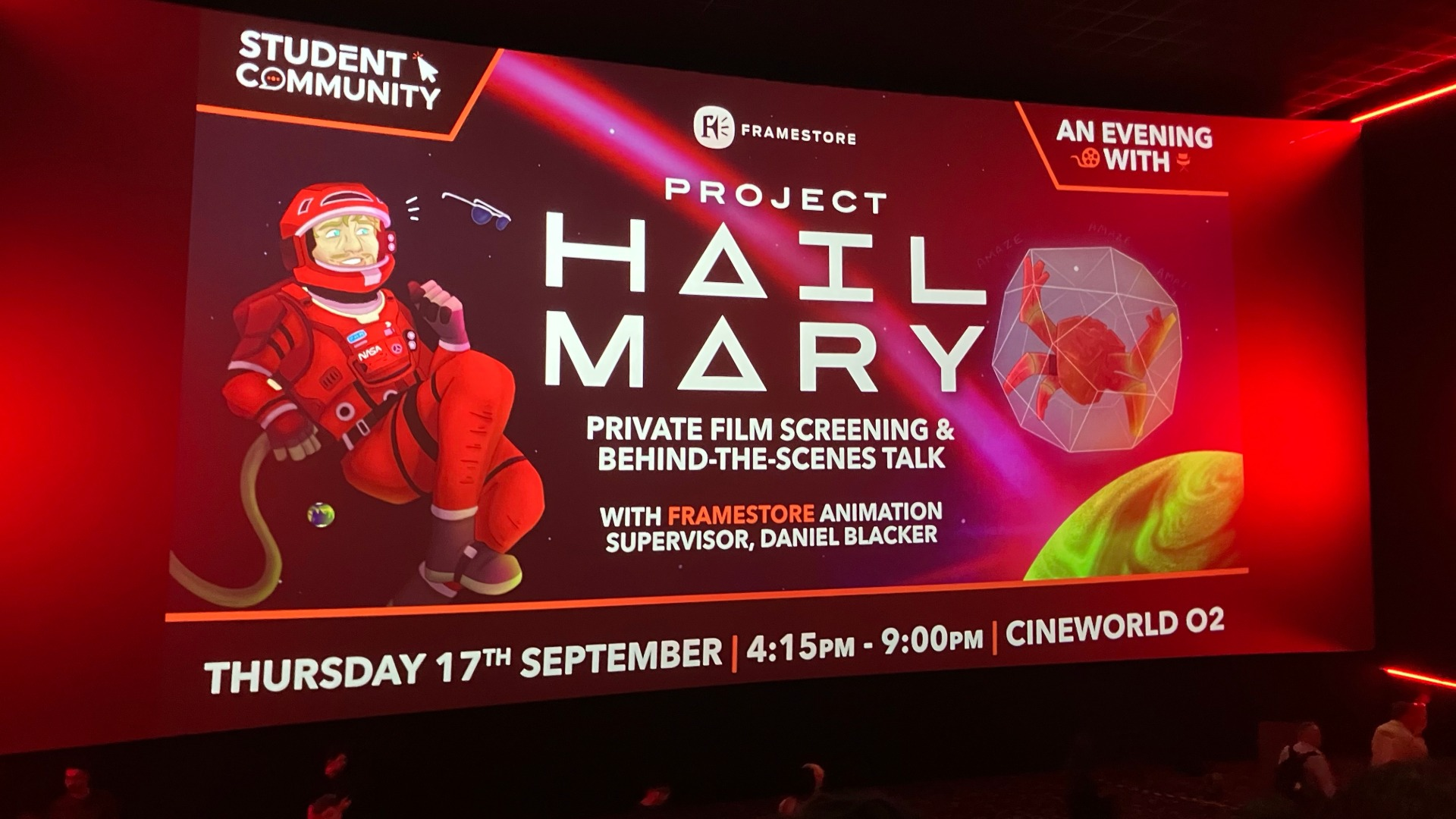 The image shows a cinema screen announcement for "Project Hail Mary" at a film screening event, featuring an astronaut and space graphics.