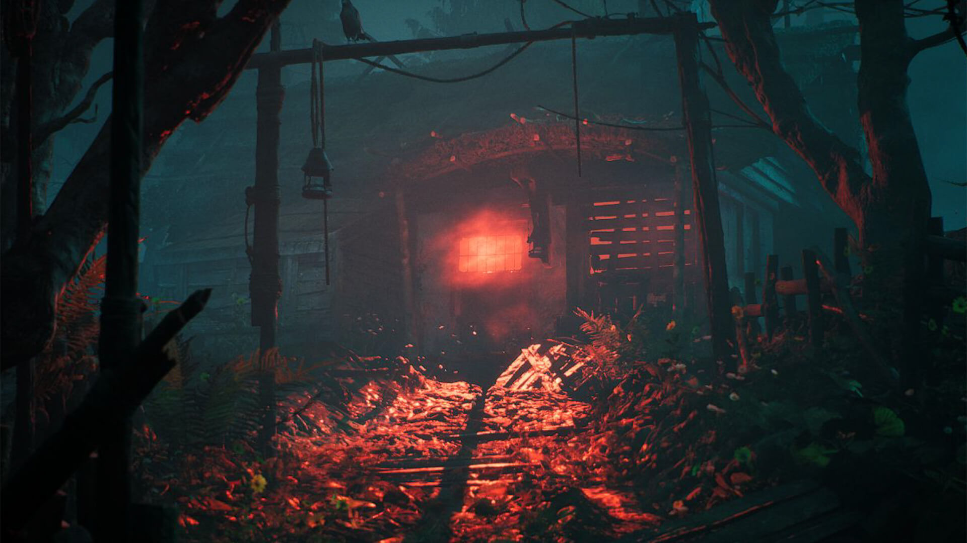 A wooden shack in the forest containing a red glowing light