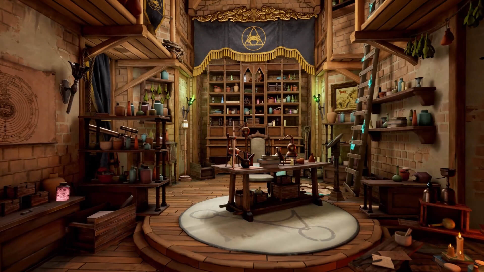 Workshop with wooden desk, chair, ladders and walls of vials