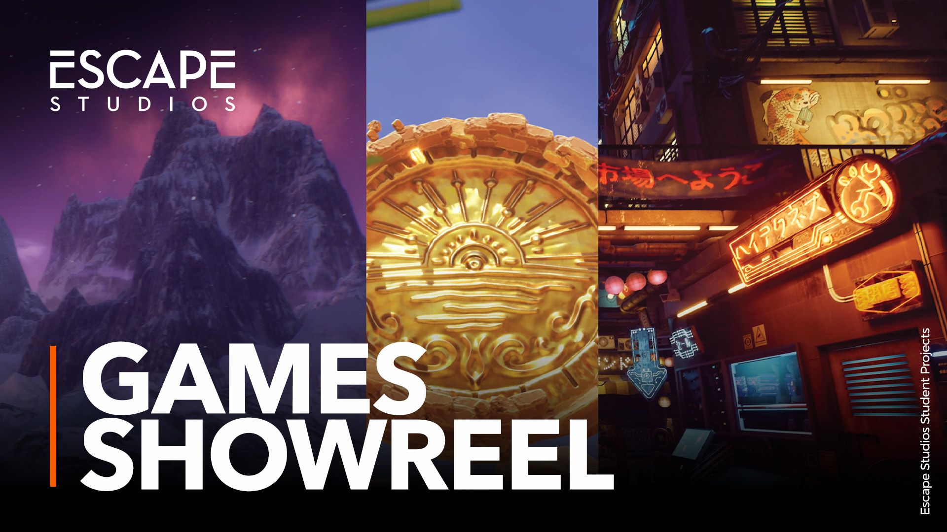 Thumbnail shows three pictures of different game environments which are: some mountains, a golden sculpture and a city street at night. Test reads: Games Showreel