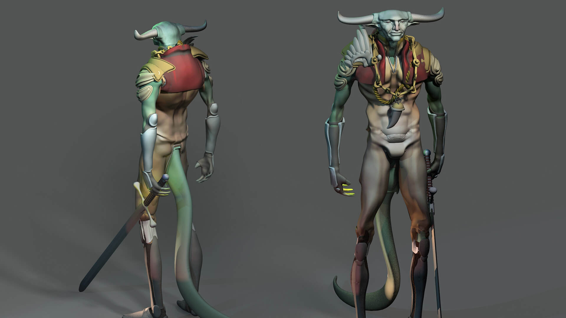 Tall alien character with horns and a lizards tail