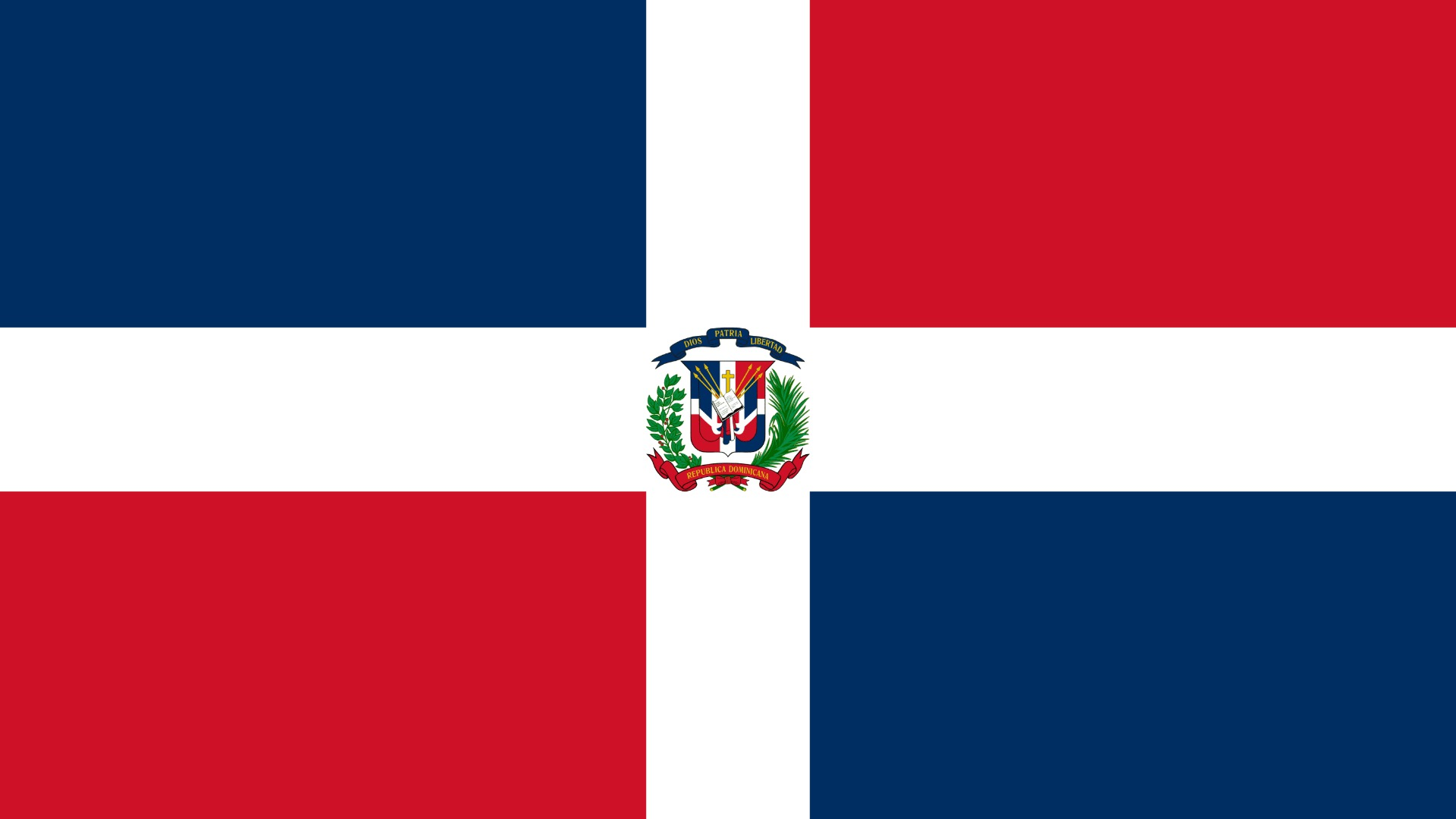 Flag of the Dominican Republic with a centered white cross, red and blue quarters, and a national coat of arms in the center.