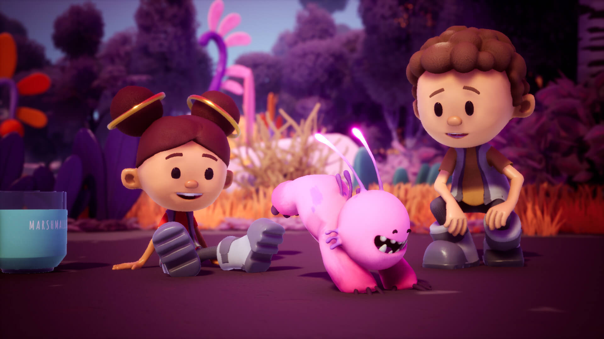 Two animated children playing with a pink character with antennae