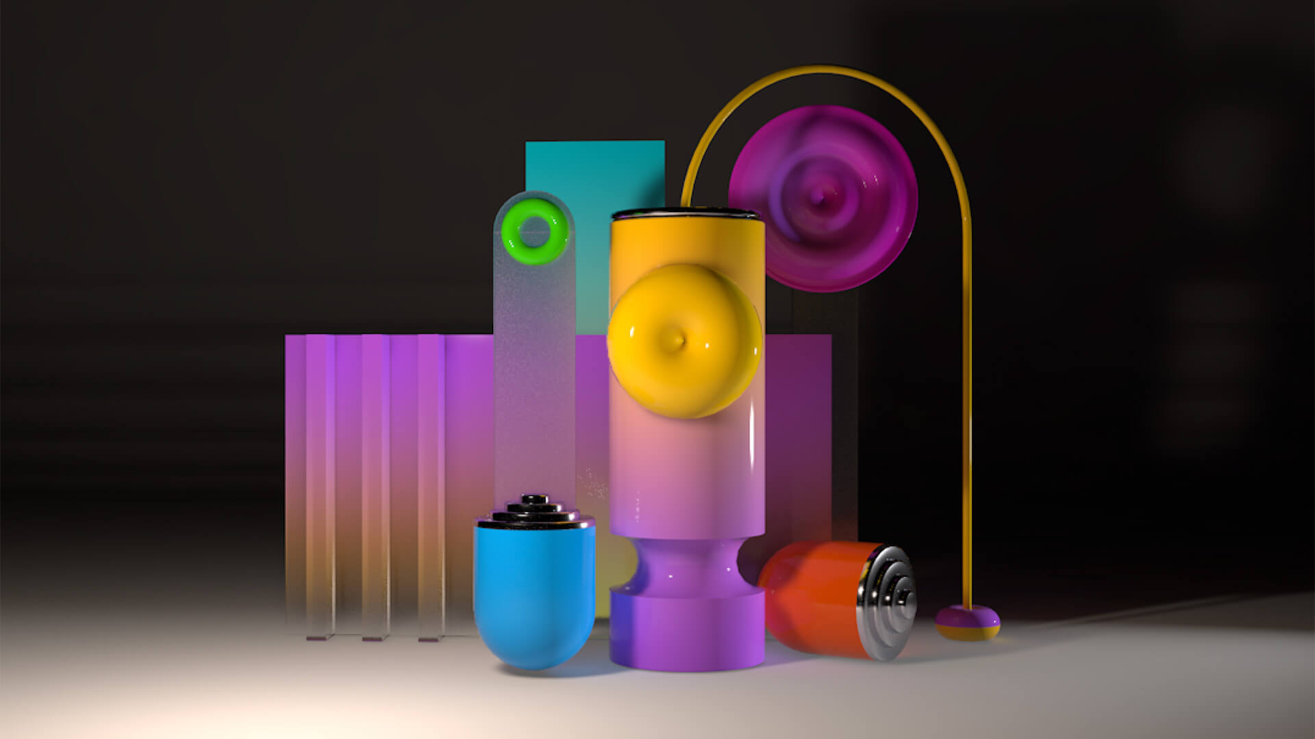 Purple and yellow abstract shapes on a black background