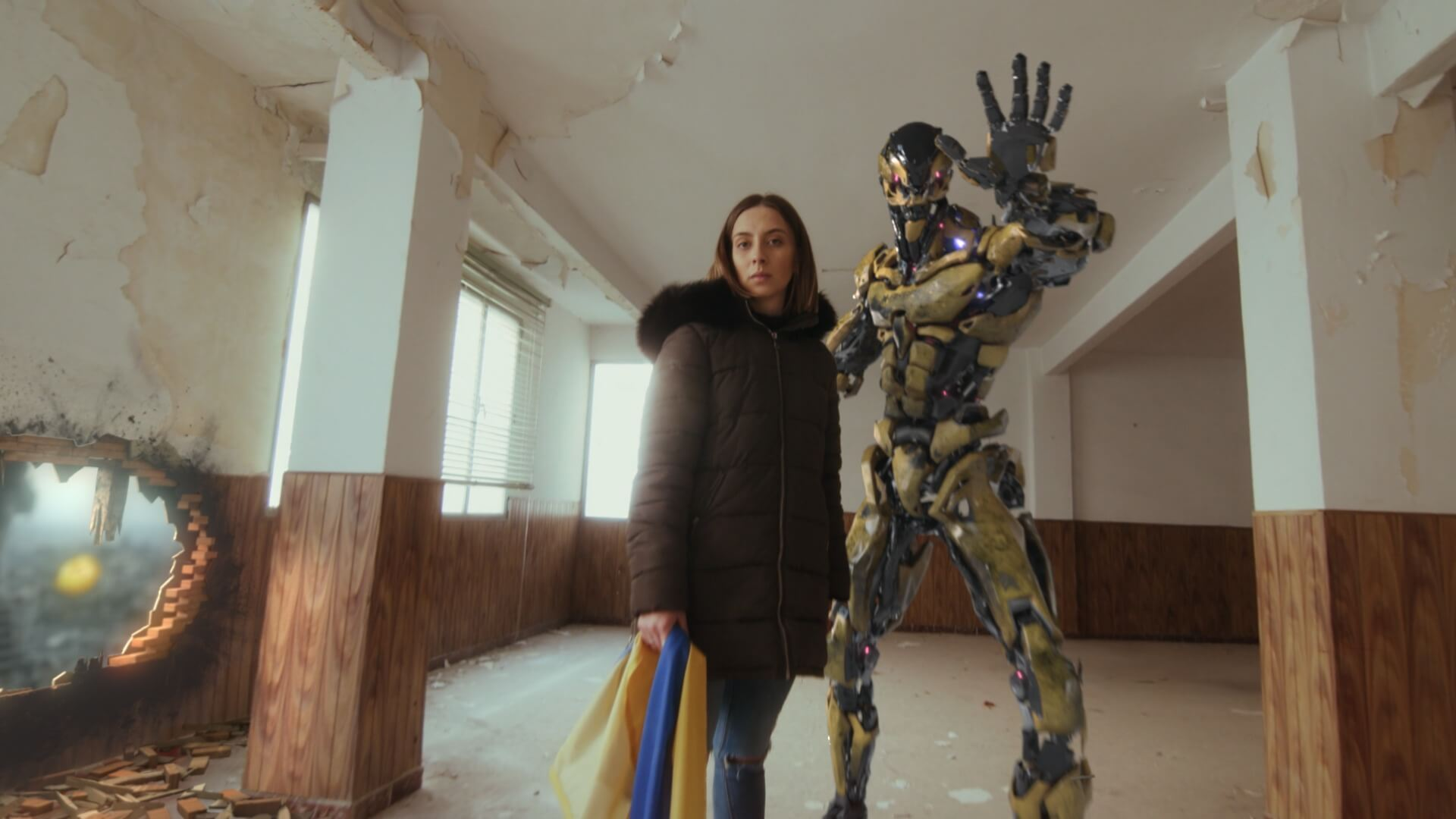 Girl and robot in abandoned room