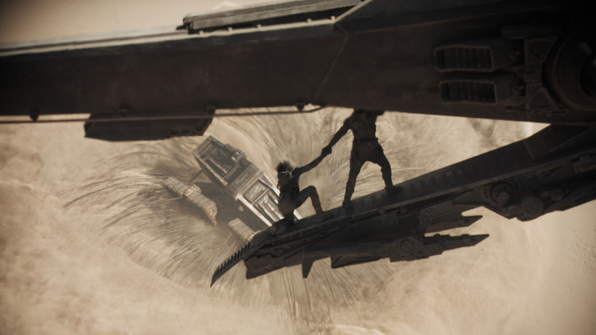 Spaceship flying past large sand creature