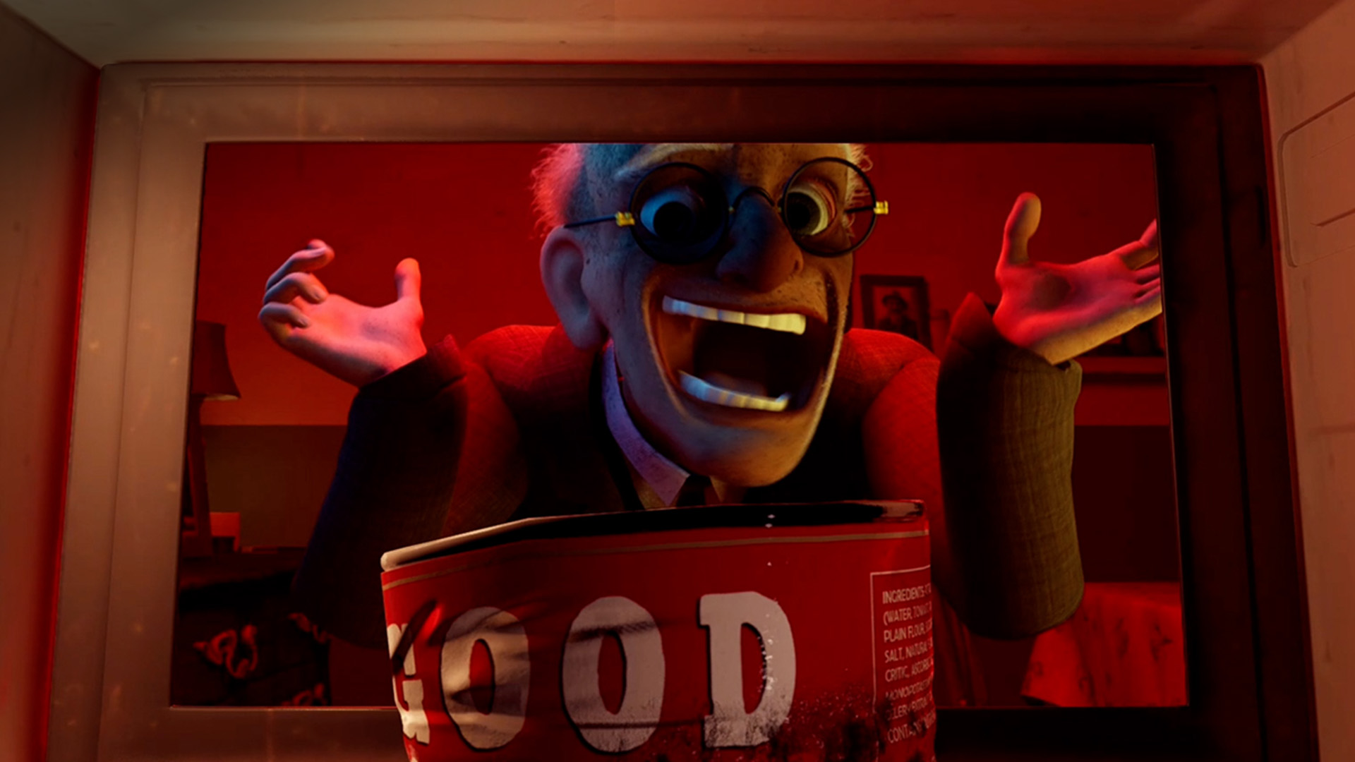 An old man laughing maniacally with the point of view inside a microwave