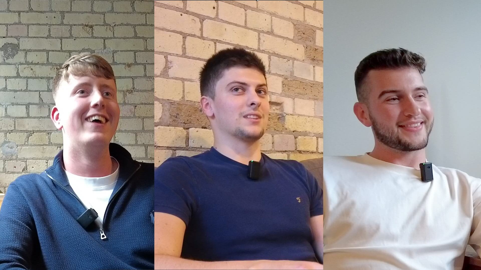 photos of Scott, Alberto and Aiden sitting against plain backgrounds and smiling or speaking, edited to sit side by side