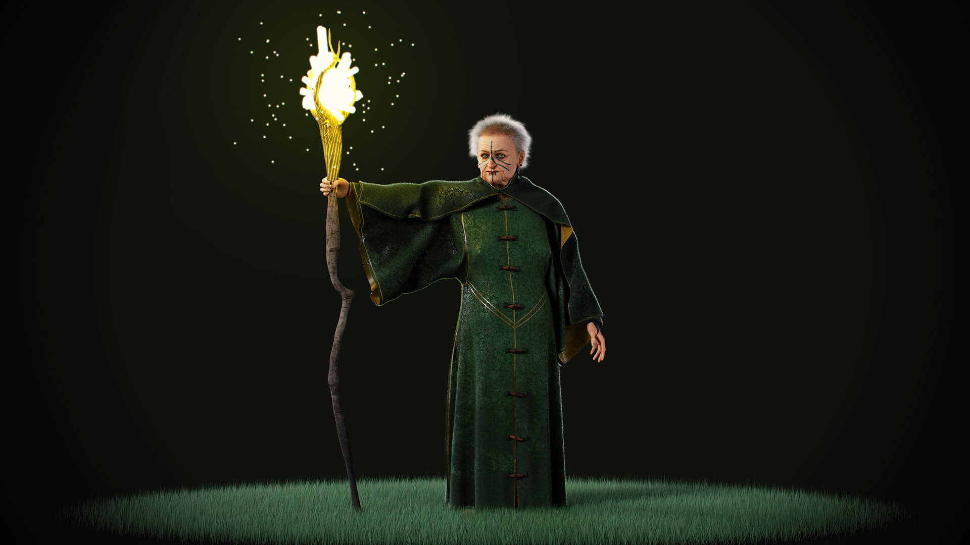 Animated character posing with a magical staff