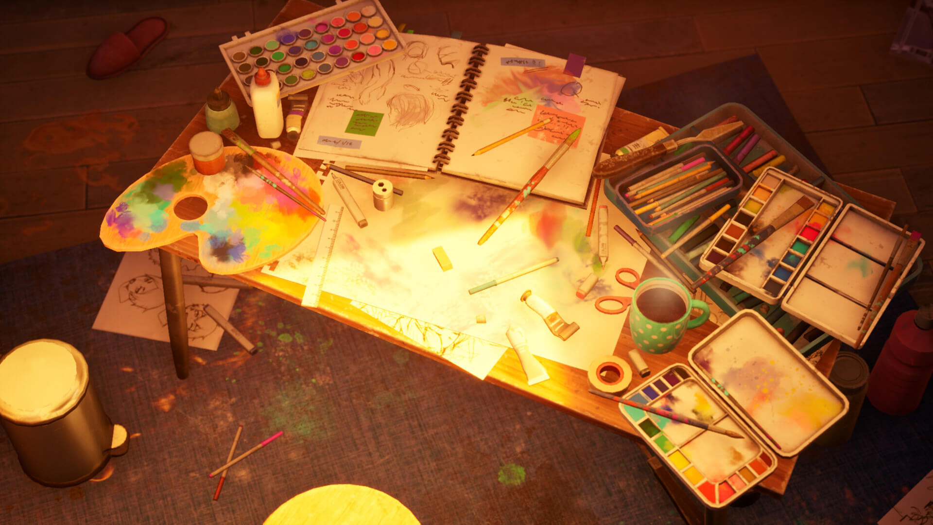 An artists table covered in sketches and paintings