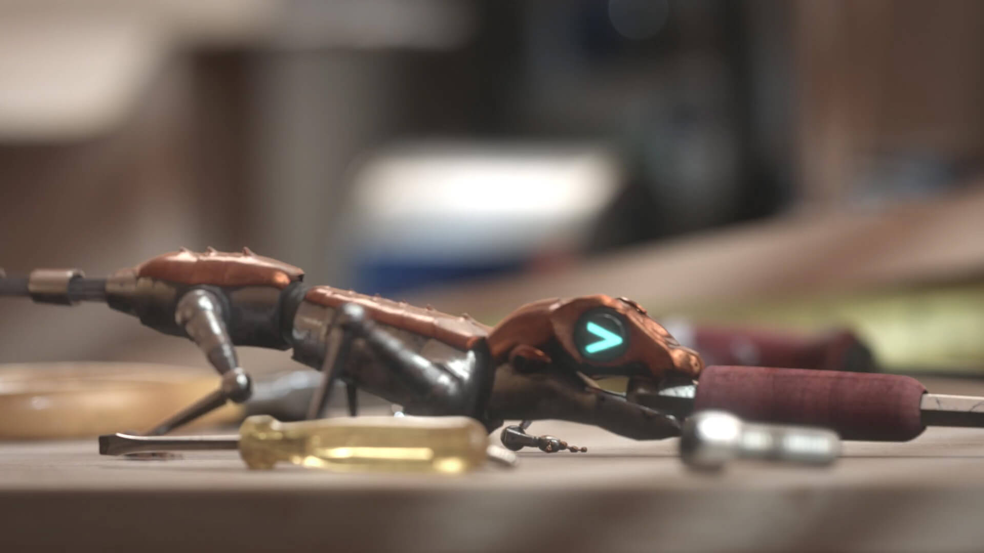 Animated lizard dragging a tool across a bench