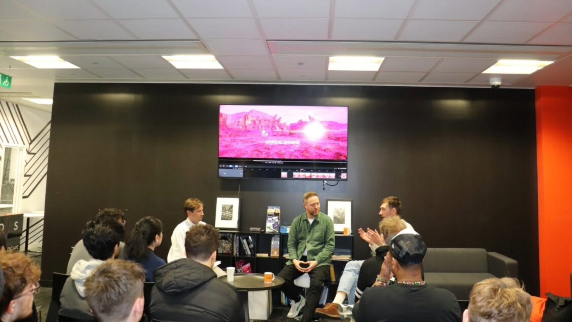 Talent Development Manager Will Hughes chats to Matt Towell and Chris Tobin from RASCAL in front of a student audience.