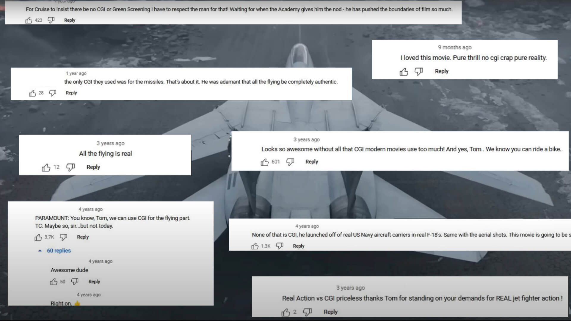 A compilation of Youtube comments on a top maverick video, with a fighter plane in the background