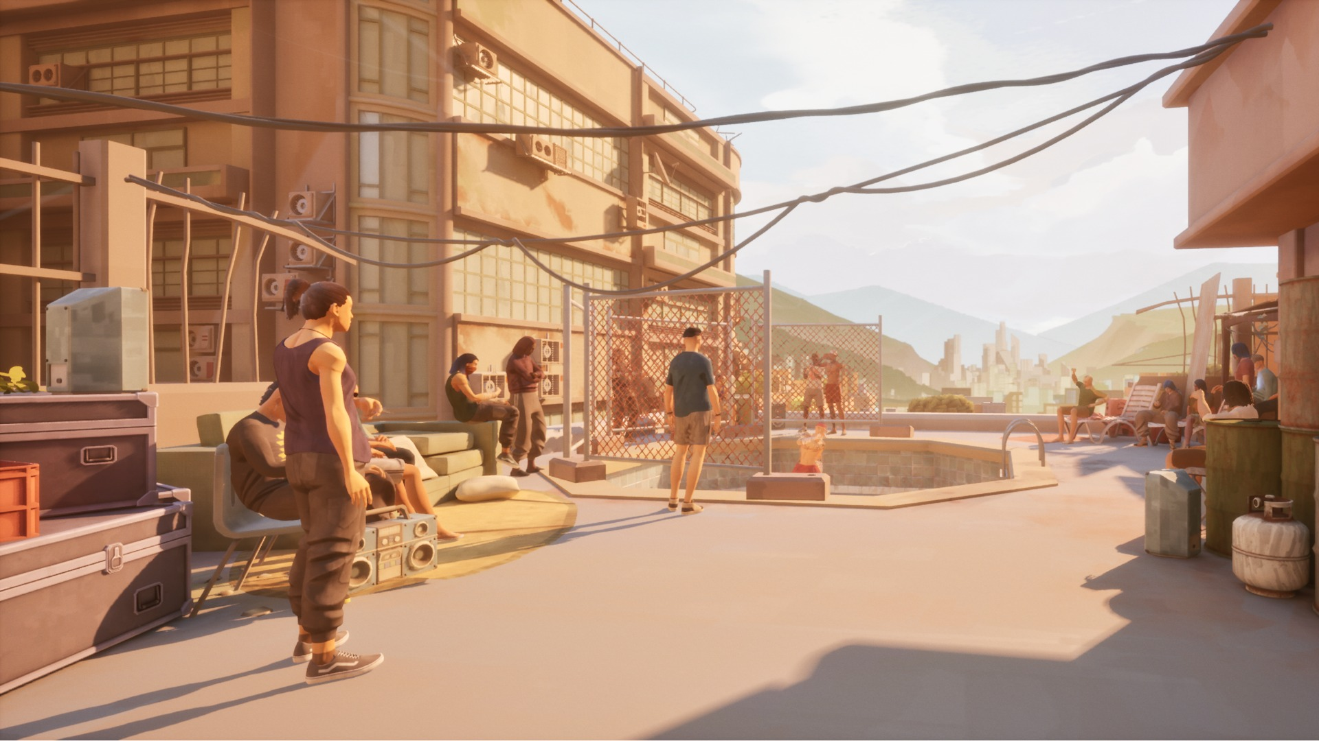 CG scene showing an urban rooftop scene with people lounging, a small pool, and a fenced area. Mountains and cityscape are visible in the background under a sunny sky. Escape Studios student work.