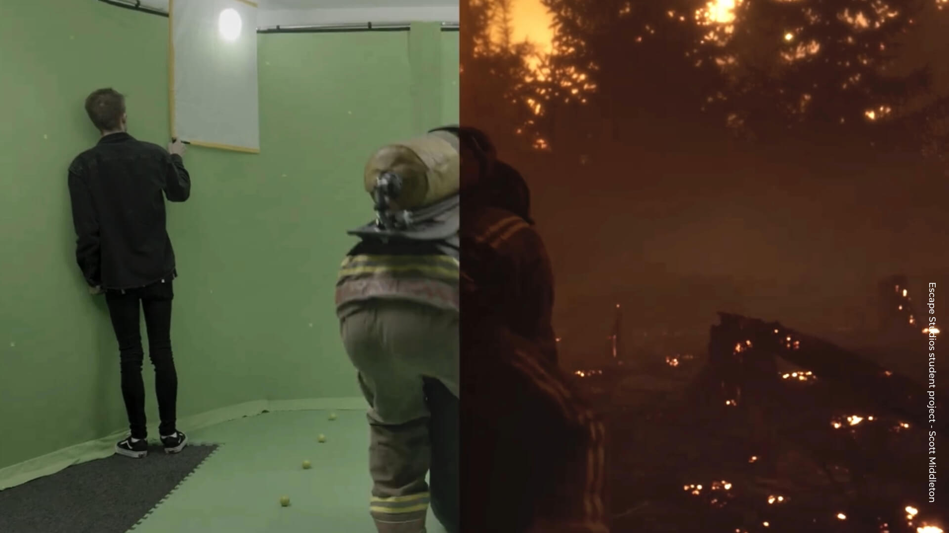 a split screen shows a before and after of a scene being created on a green screen using vfx, where a fireman drags a body out of a forest fire,
