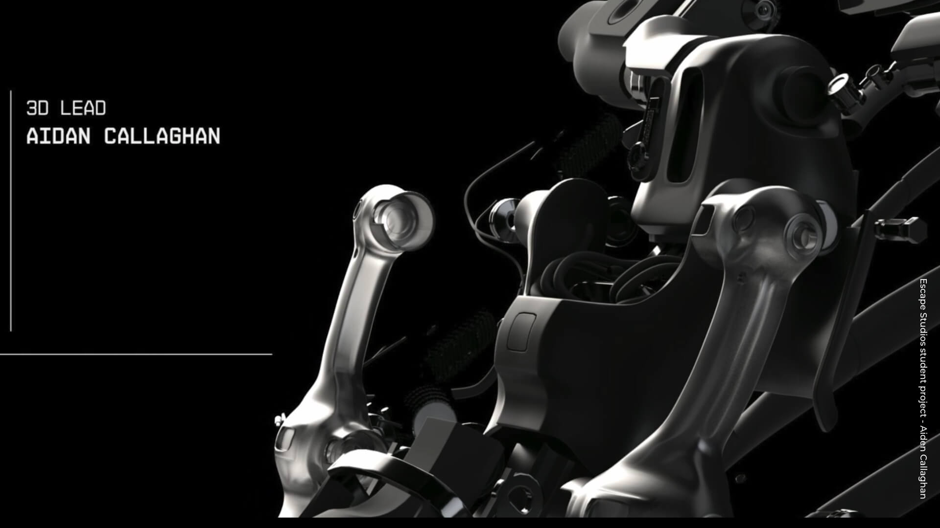 A close up shot of a robotic CG ribcage nest to a credit saying, '3D Lead, Aiden Callaghan'