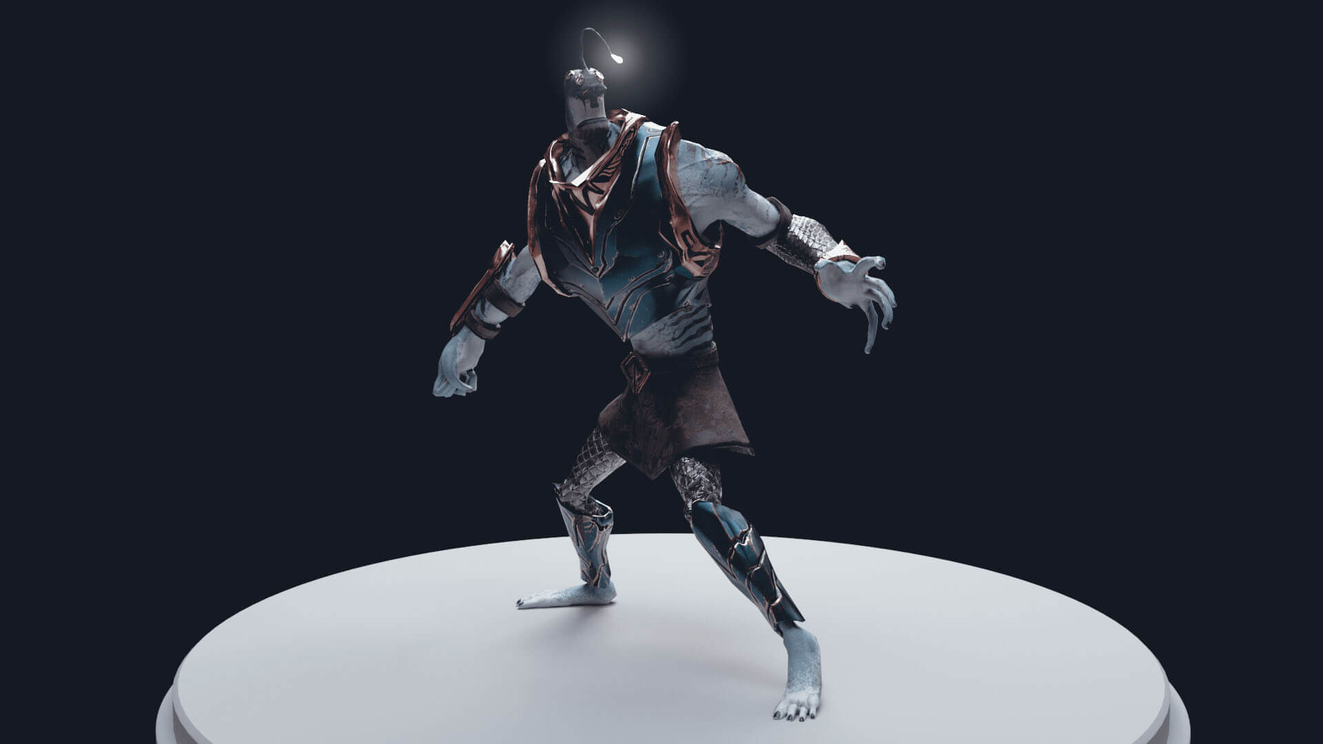 Animated character stood on a cylinder against a black background