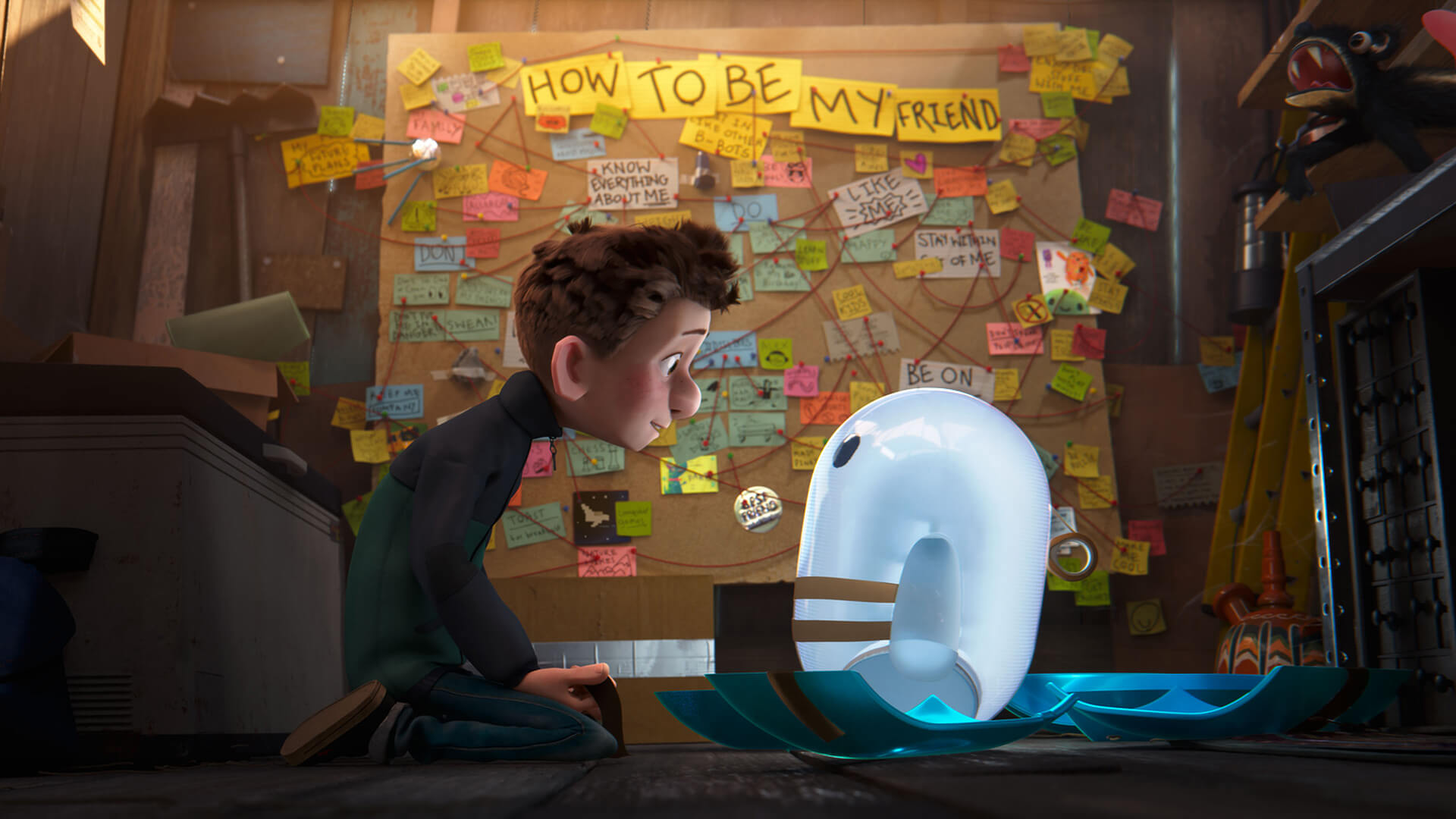 Cartoon character sat in front of noticeboard looking at alien