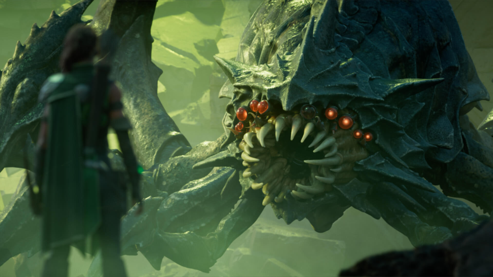Character stood in front of large spider creature