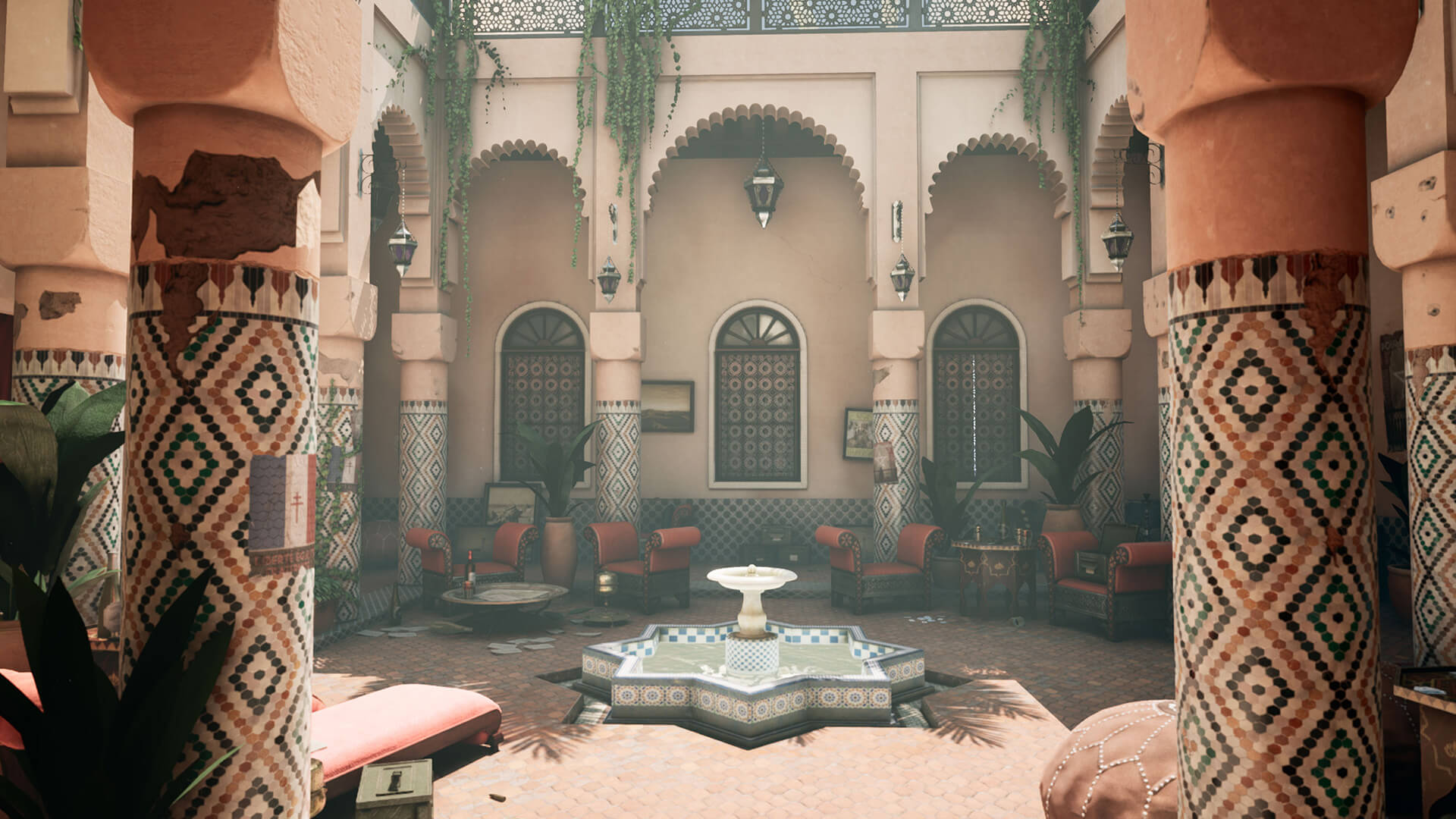 A Moroccan riad with mosaic pillars