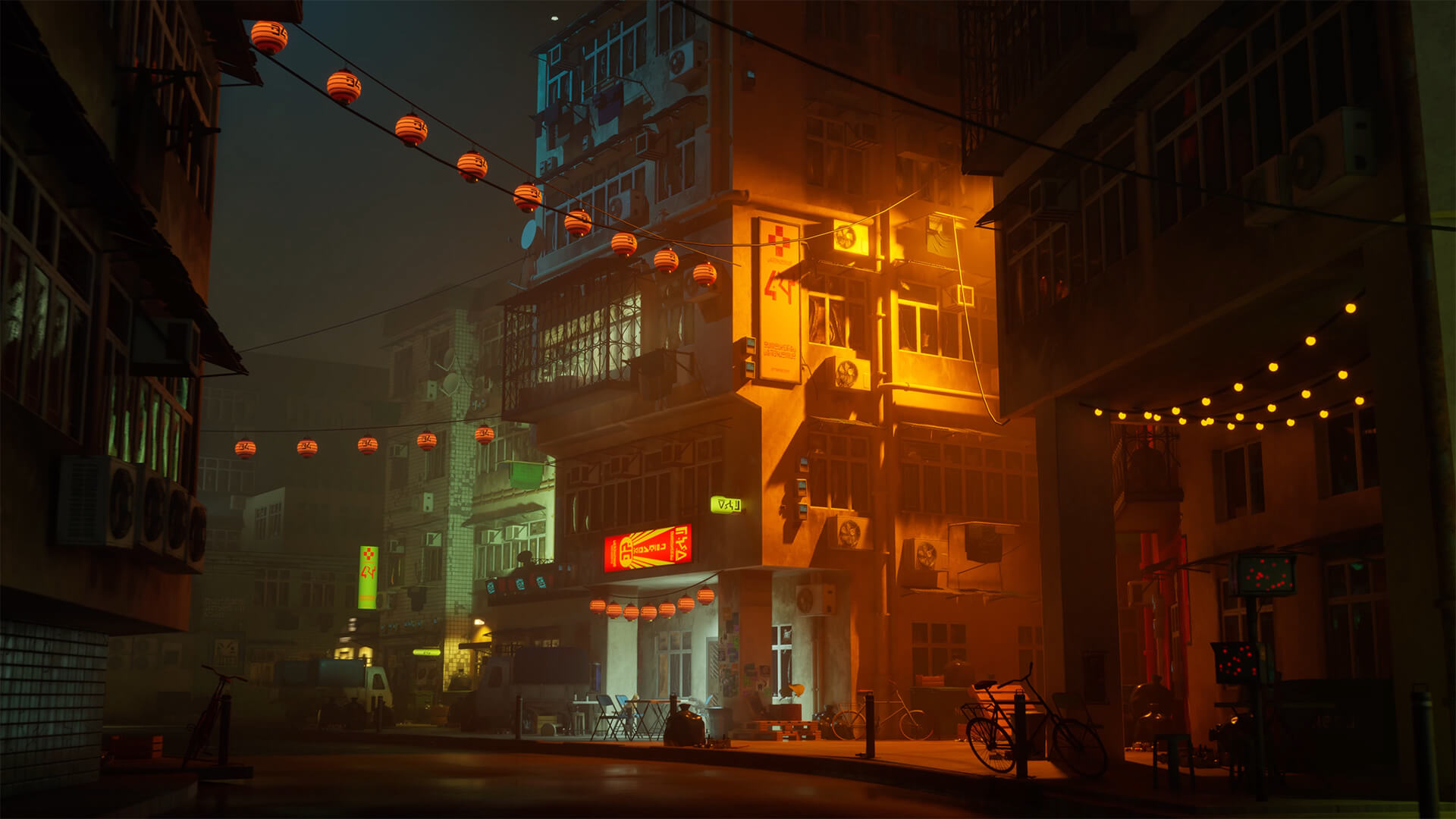 Student project showing a concrete building in the dark with glowing lights, signs and lanterns