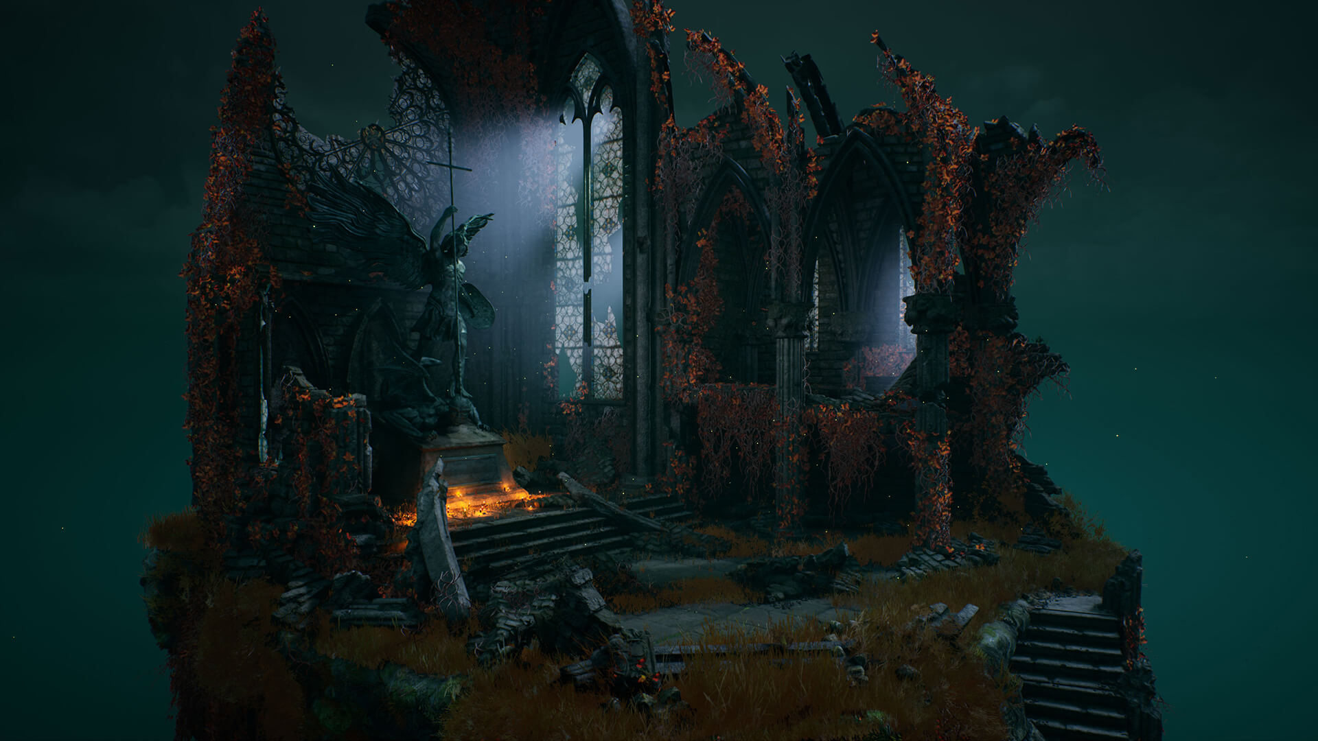 A derelict church covered in orange leaves