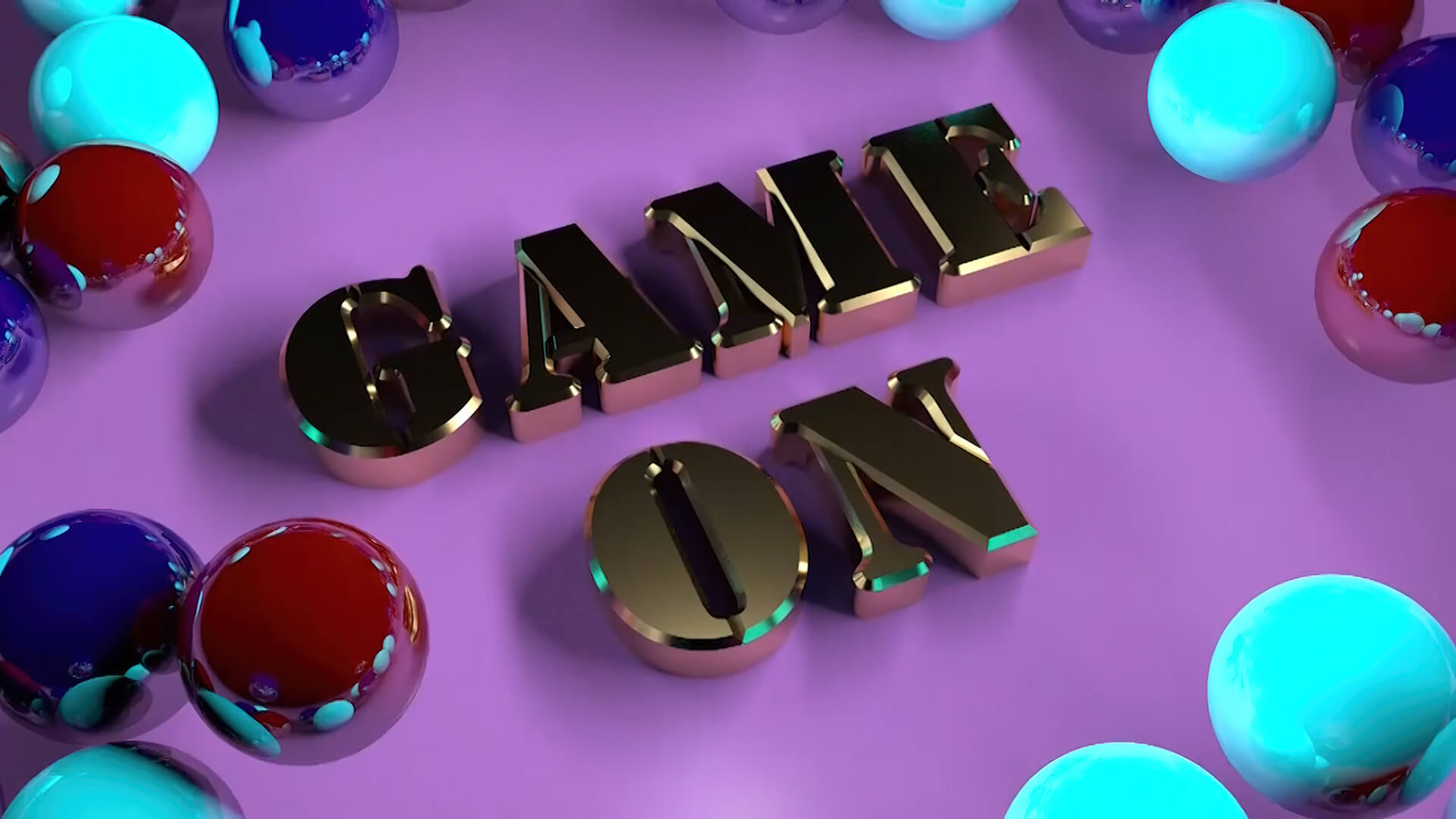 Motion Graphics work showing gold 3D 'game on' lettering on a purple background, surrounded by turquoise, navy blue and dark red 3D spherical shapes.