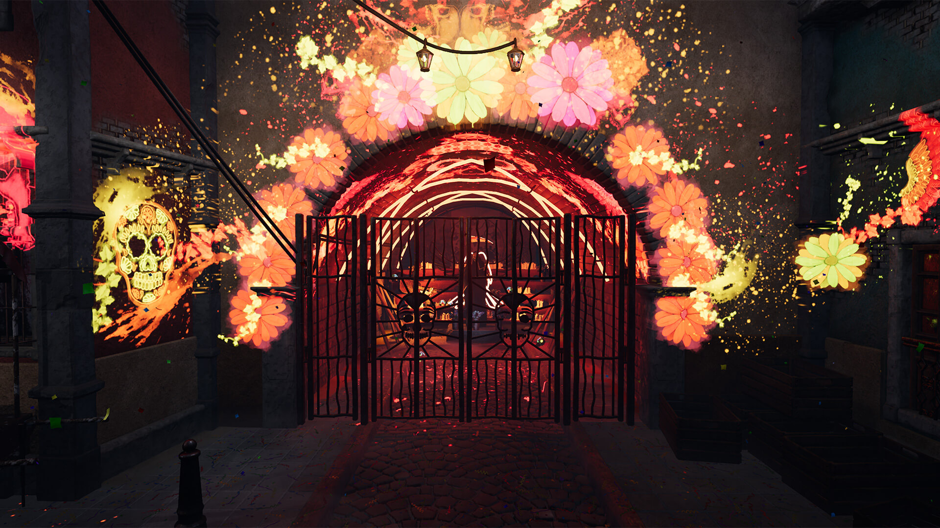 Mexican shrine surrounded by Neon flowers