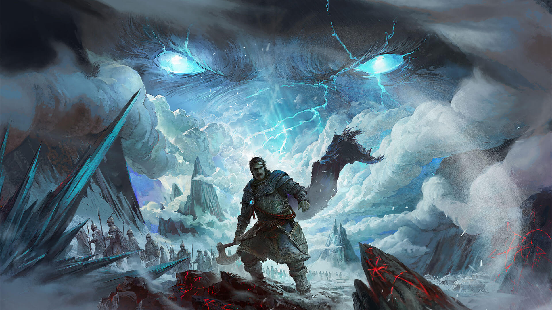 Scene with character holding an axe stood on a rocky terrain. Background shows a large face staring from the sky between clouds with bright blue eyes.