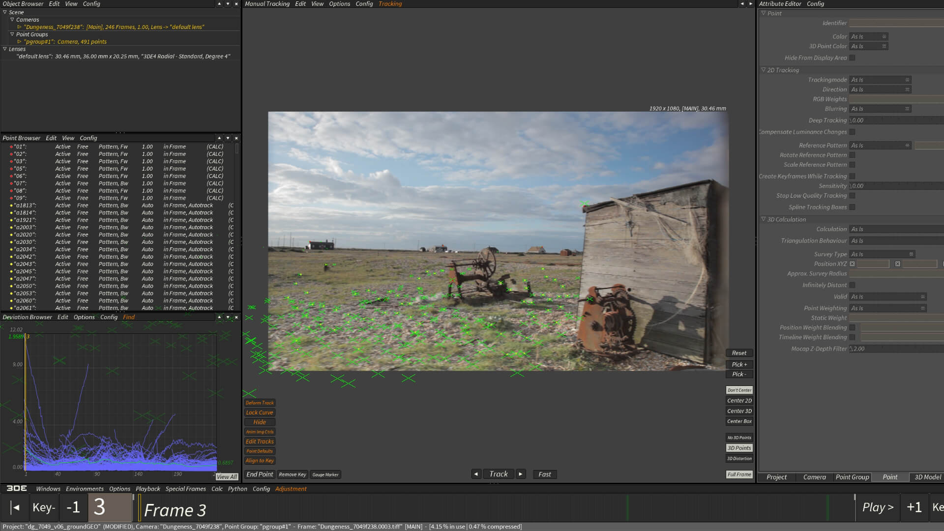 A screenshot of some software used for matchmoving, showing a scene the tutor is working on