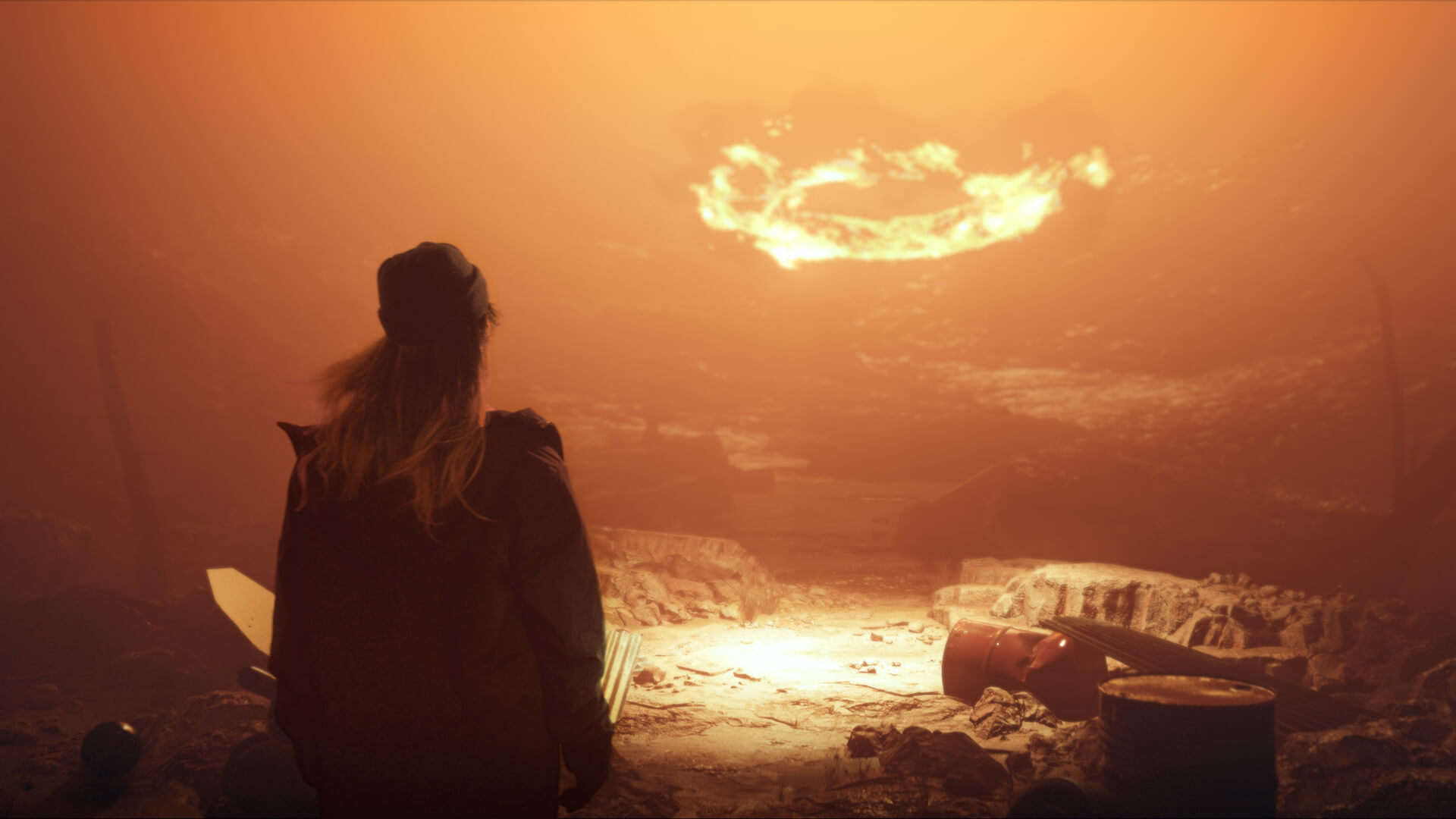 Character looking out at a glowing ring of fire