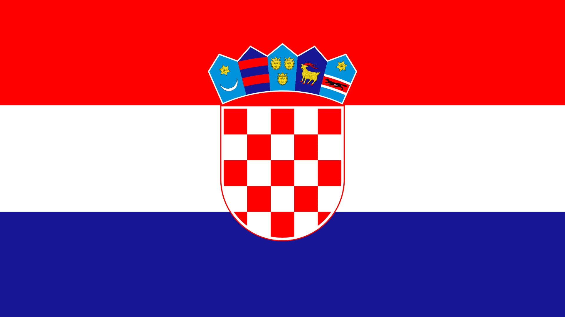 Flag of Croatia with red, white, and blue horizontal stripes and a red and white checkered shield topped by five smaller shields.