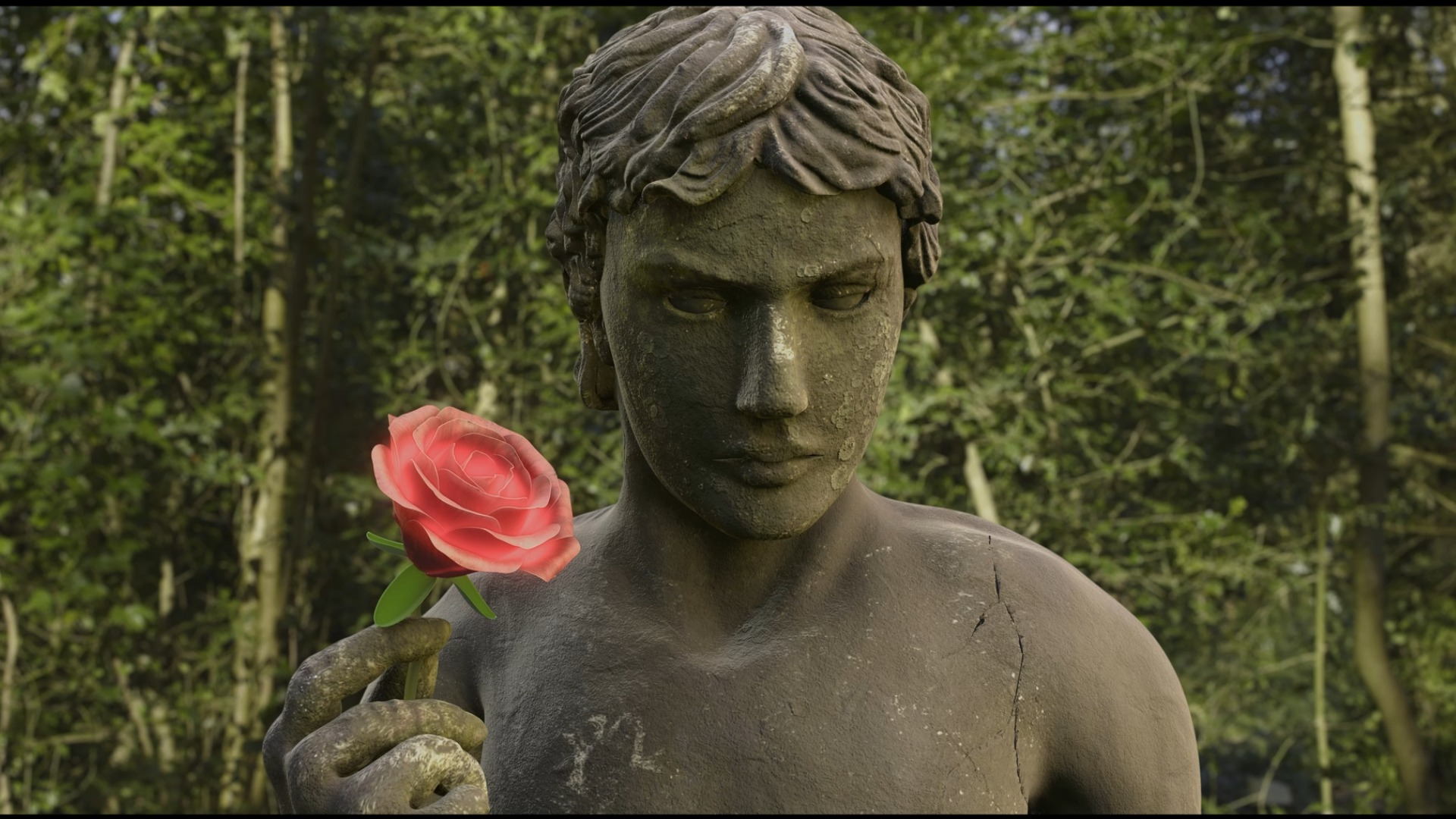Male statue with pink rose in his hand