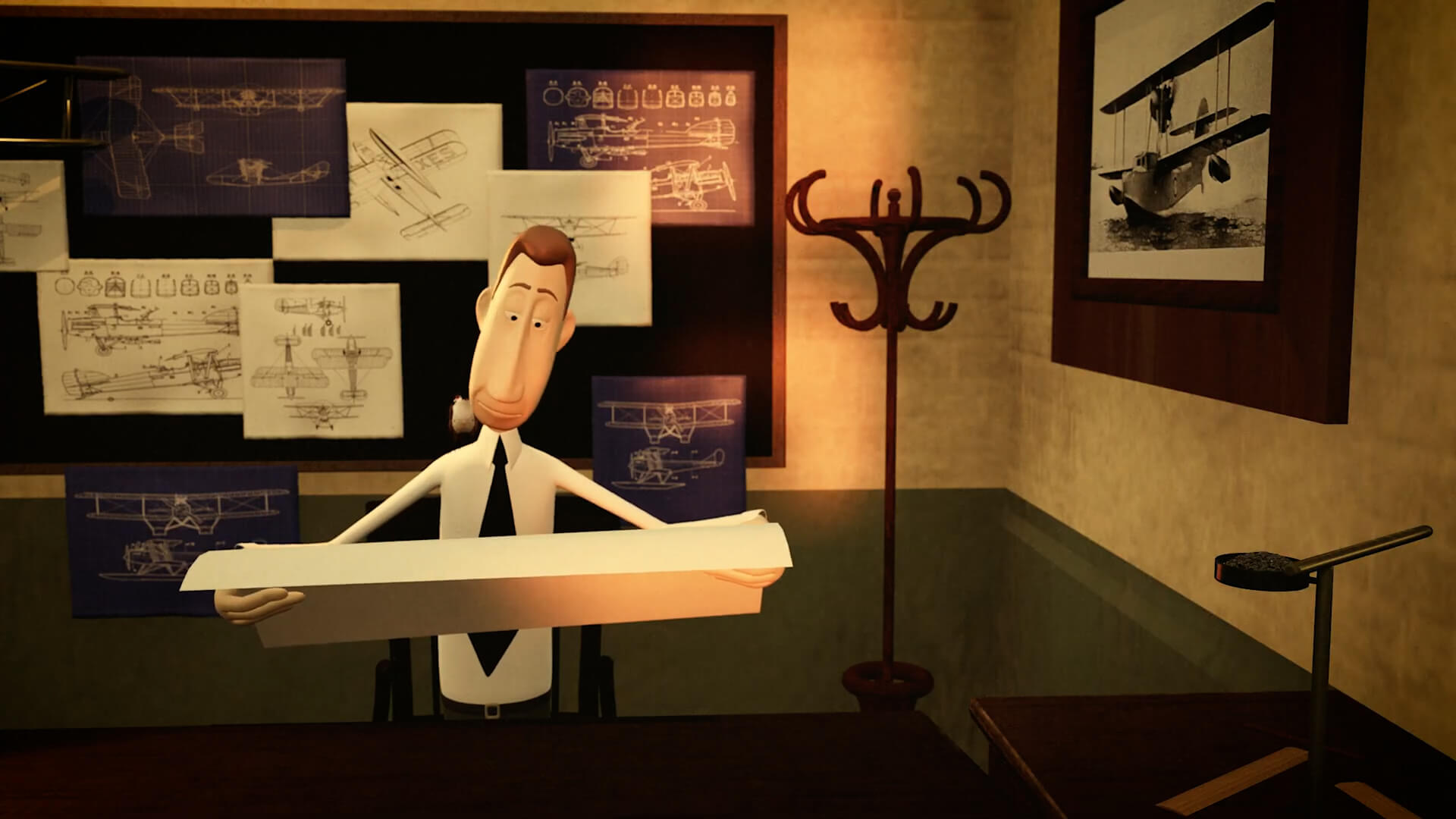 Animated character looking at plane sketches