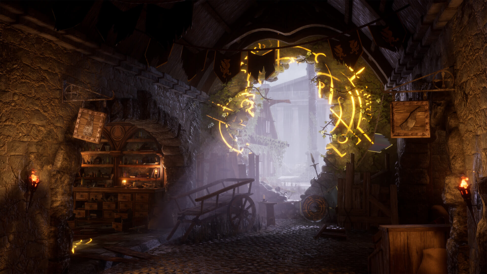 An ancient building with a hole in the wall surrounded by golden lights